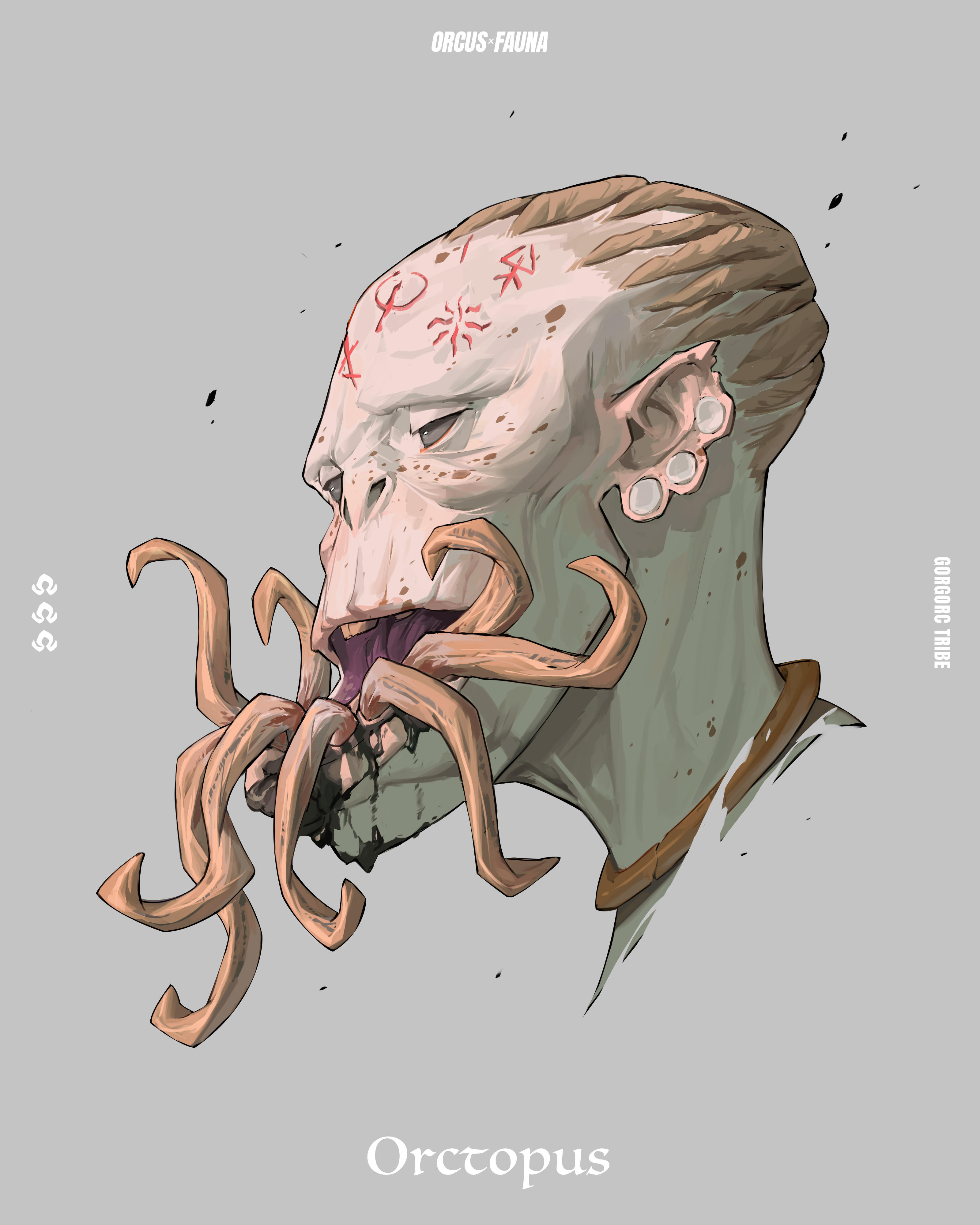 patrick ganas, original, absurdres, commentary, english commentary, highres, 1boy, character name, colored sclera, colored skin, cornrows, crooked tusks, earrings, extra tusks, facial mark, freckles, grey background, grey sclera, ink, jewelry, male focus, monster boy, neck ring, octopus boy, orc, plug (piercing), portrait, simple background, solo, tusks, white skin