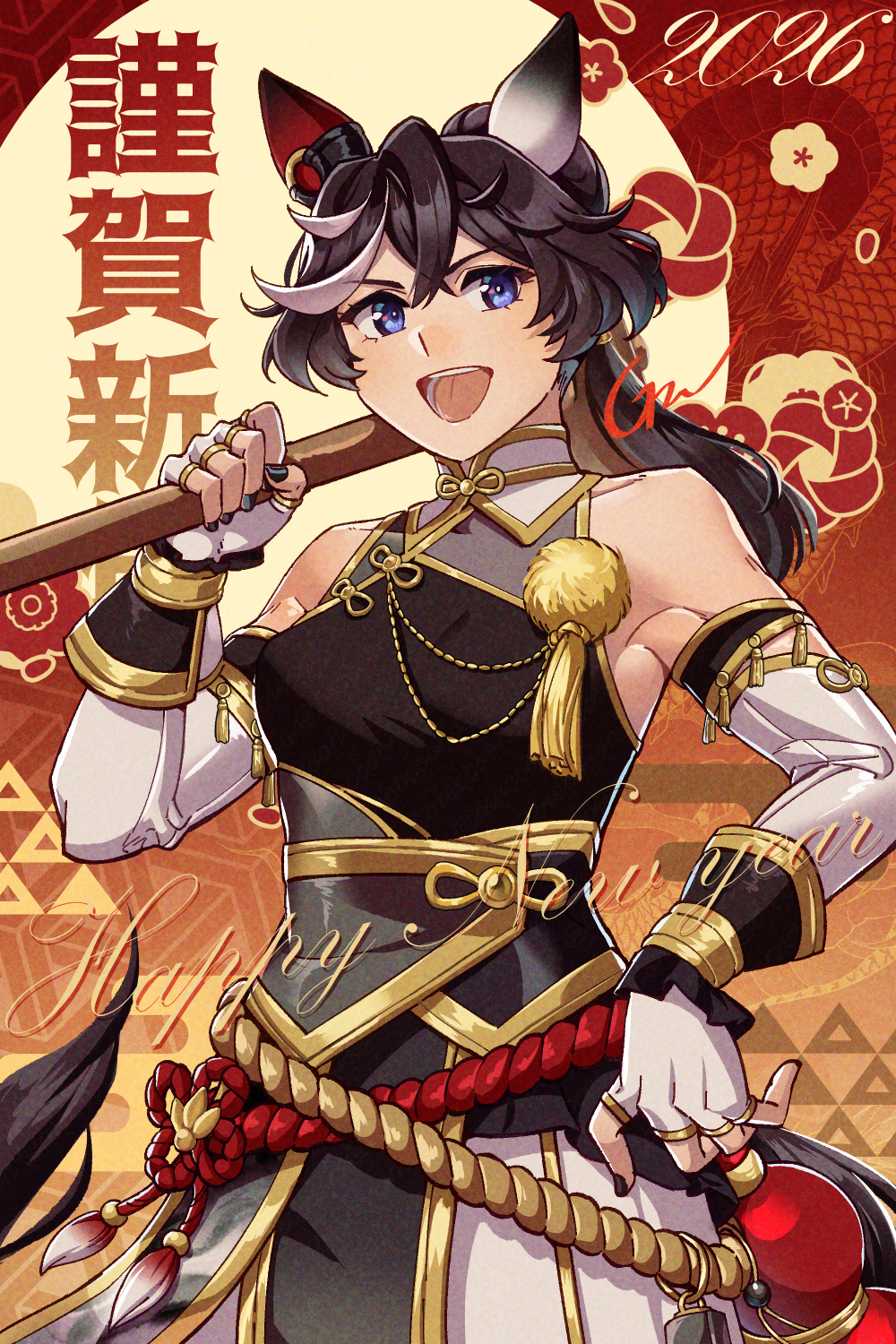 gaman, katsuragi ace (pen name: ink dragon) (umamusume), katsuragi ace (umamusume), umamusume, commentary request, highres, 1girl, animal ears, armpits, bare shoulders, black hair, blue eyes, breasts, collarbone, ear covers, fingerless gloves, gloves, hair between eyes, hair bun, holding, horse ears, horse girl, long hair, looking at viewer, mismatched ear covers, multicolored hair, official alternate costume, official alternate hairstyle, open mouth, smile, solo, streaked hair, teeth, tongue, white gloves, white hair