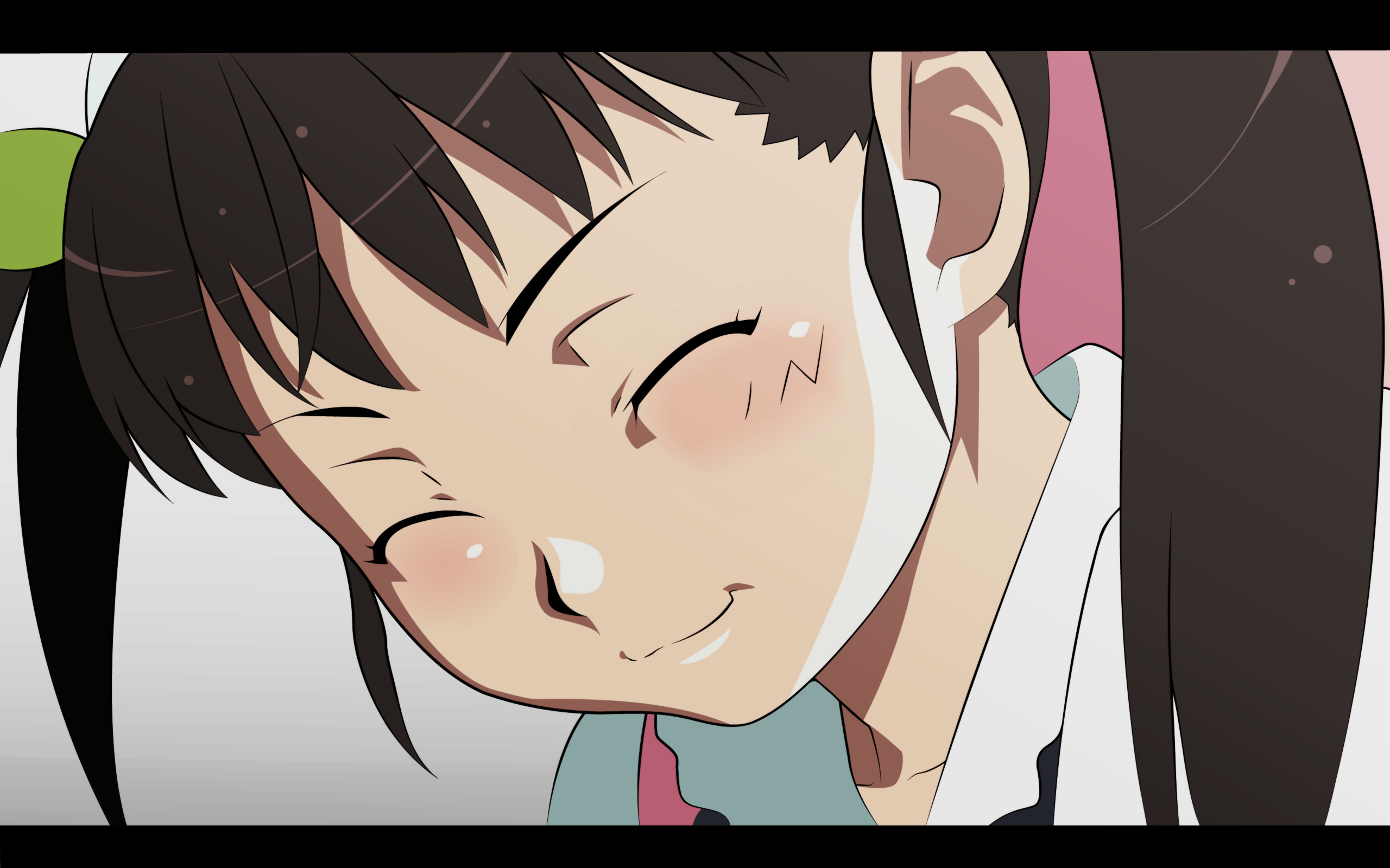 hachikuji mayoi, bakemonogatari, monogatari (series), derivative work, highres, vector trace, 00s, 1girl, blush, close-up, closed mouth, female focus, green ribbon, hair ribbon, letterboxed, portrait, ribbon, sidelocks, smile, solo, twintails, upper body