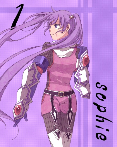 shibanashi miso, una, sophie (tales), tales of (series), tales of graces, bad id, bad pixiv id, lowres, 1girl, bodysuit, character name, female focus, garter belt, gauntlets, long hair, o-ring, purple background, purple eyes, purple hair, solo, thighhighs, twintails, very long hair