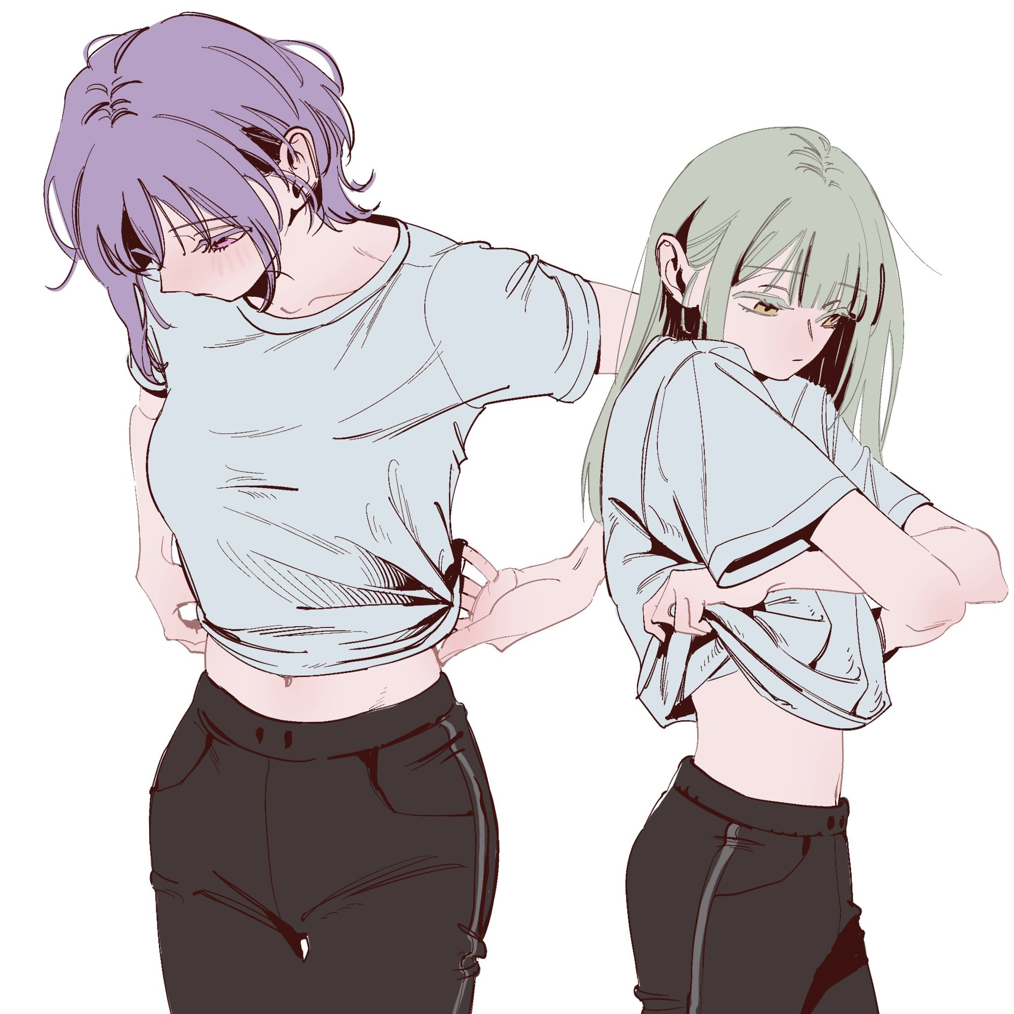 12thfog, wakaba mutsumi, yuutenji nyamu, bang dream!, bang dream! it's mygo!!!!!, highres, 2girls, black pants, breasts, green hair, long hair, medium breasts, midriff, multiple girls, navel, pants, pink eyes, purple hair, shirt, short hair, short sleeves, simple background, undressing, white background, white shirt, yellow eyes