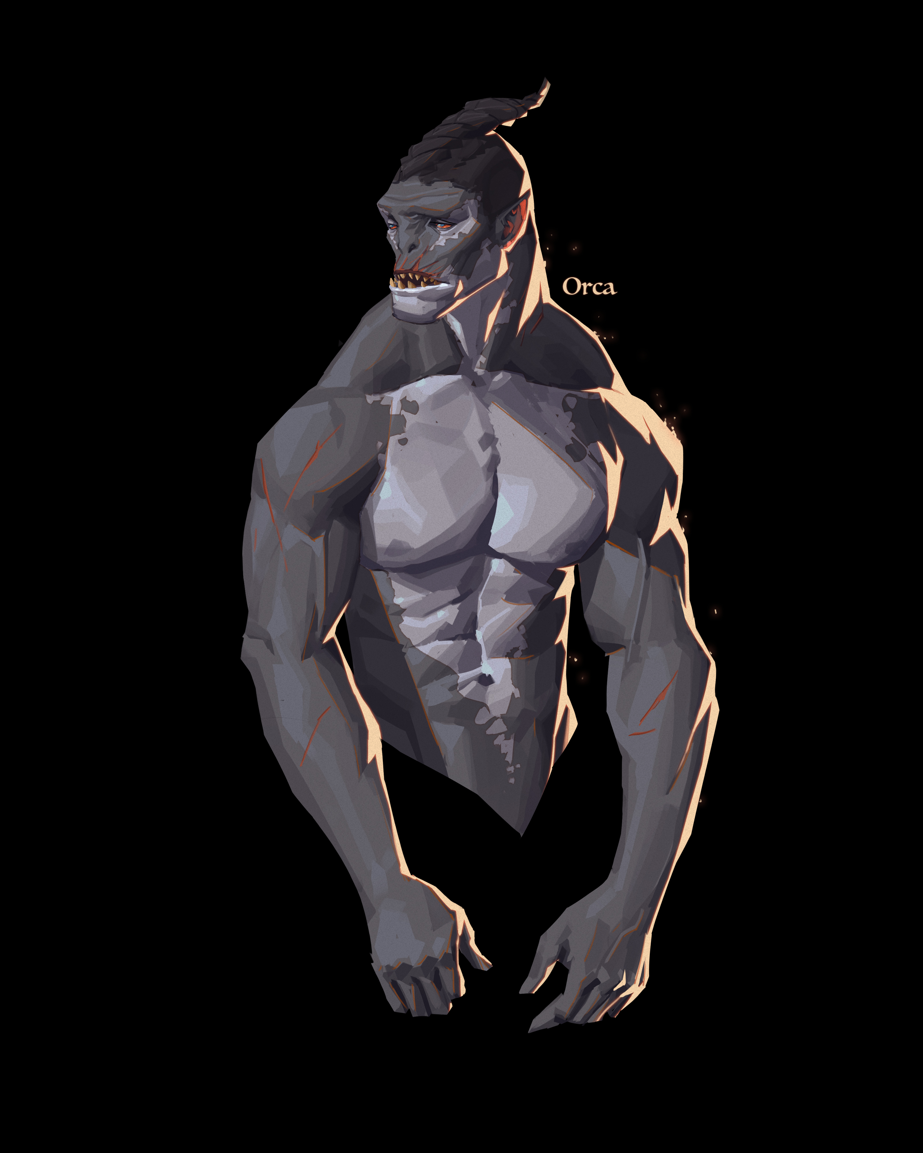 patrick ganas, original, absurdres, commentary, english commentary, highres, 1boy, abs, braid, character name, colored skin, cropped torso, grey background, large pectorals, male focus, monster boy, multicolored skin, muscular, muscular male, orc, orca boy, pectorals, sharp teeth, simple background, solo, teeth, trapezius, two-tone skin, upper body