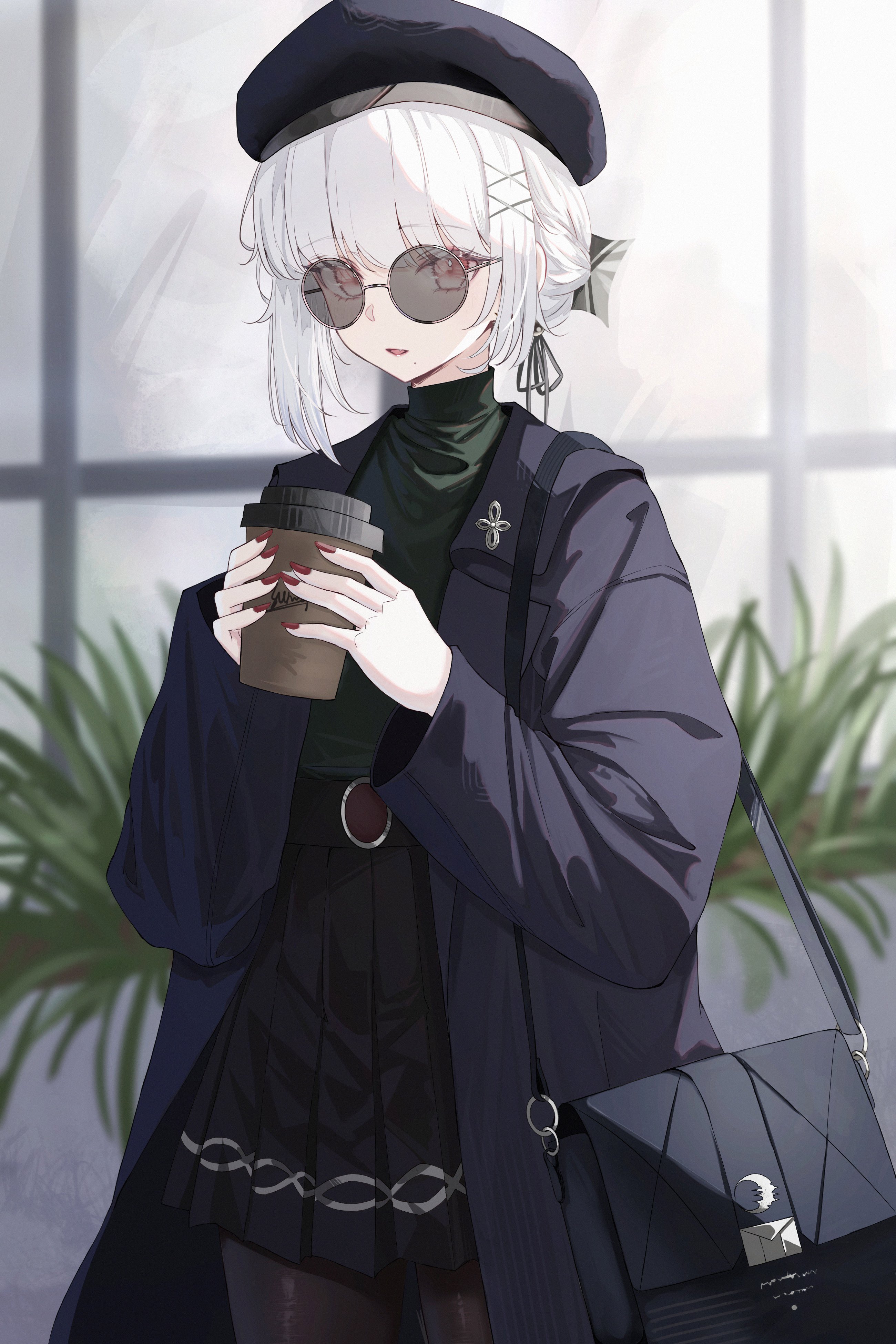 celly (mogmog 99), sanhua (wuthering waves), wuthering waves, absurdres, commentary request, highres, 1girl, alternate costume, bag, beret, black coat, black hat, black nails, black pantyhose, black ribbon, black shirt, black skirt, coat, cowboy shot, cup, disposable coffee cup, disposable cup, fingernails, hair ornament, hair ribbon, hat, high-waist skirt, holding, holding cup, looking at viewer, mole, mole under mouth, nail polish, open clothes, open coat, pantyhose, parted lips, red bag, red eyes, ribbon, round eyewear, shirt, shirt tucked in, short hair, shoulder bag, skirt, solo, sunglasses, tinted eyewear, turtleneck, turtleneck shirt, white hair