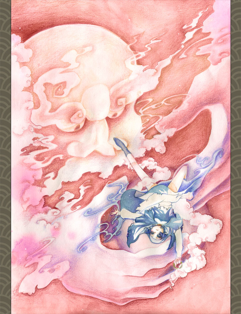 hoshi nawoki, nawoki, kumoi ichirin, unzan, touhou, bad id, bad pixiv id, colored pencil (medium), traditional media, 1boy, 1girl, blue eyes, blue hair, cloud, flying, hood, upside-down