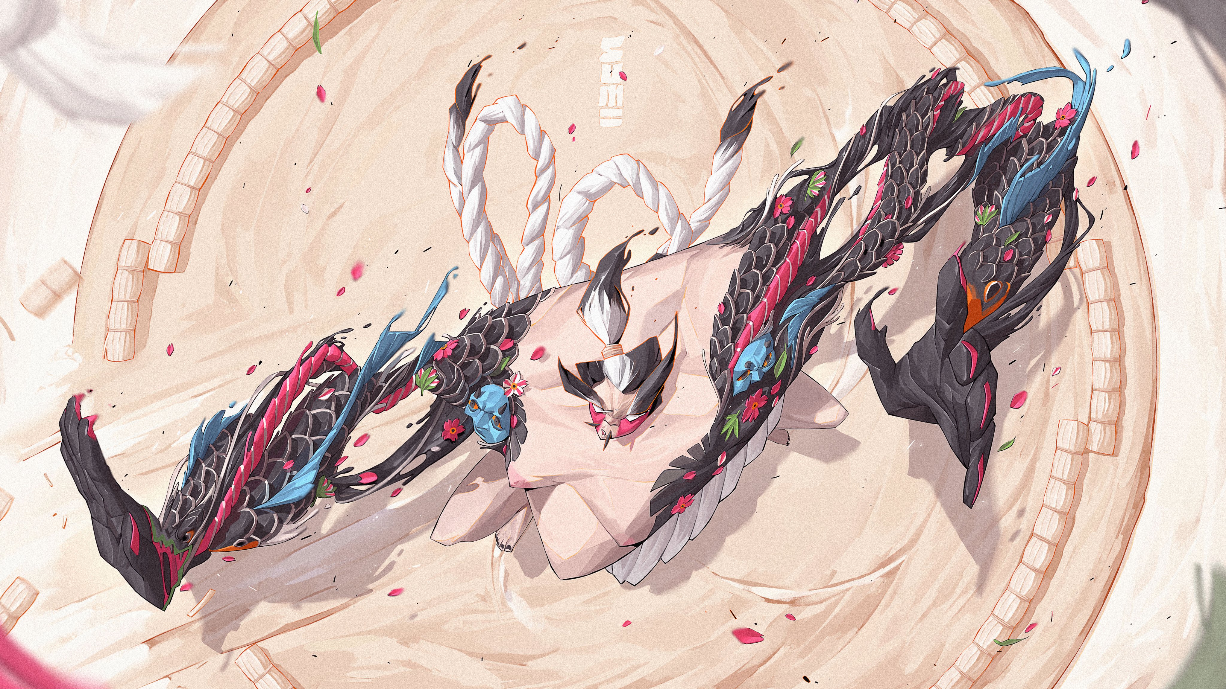 patrick ganas, original, absurdres, commentary, english commentary, highres, 1boy, arm tattoo, black nails, fat, from above, male focus, multicolored hair, nail polish, ponytail, puffy male chest, red nails, rope, solo, sumo, sumo ring, tattoo, toenail polish, toenails, two-tone hair, white rope