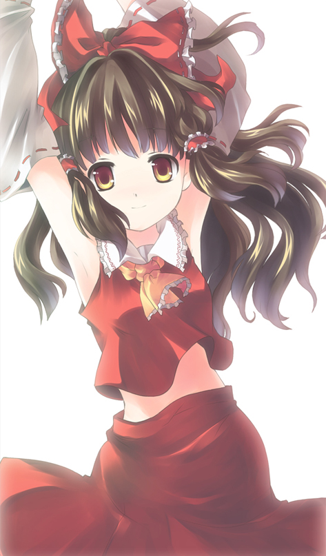 silverms2, hakurei reimu, touhou, bad id, bad pixiv id, 1girl, armpits, arms up, ascot, bow, brown hair, detached sleeves, female focus, frilled shirt collar, frills, hair bow, hair tubes, japanese clothes, long hair, looking at viewer, midriff, miko, orange eyes, red bow, ribbon-trimmed sleeves, ribbon trim, simple background, skirt, skirt set, smile, solo, white background