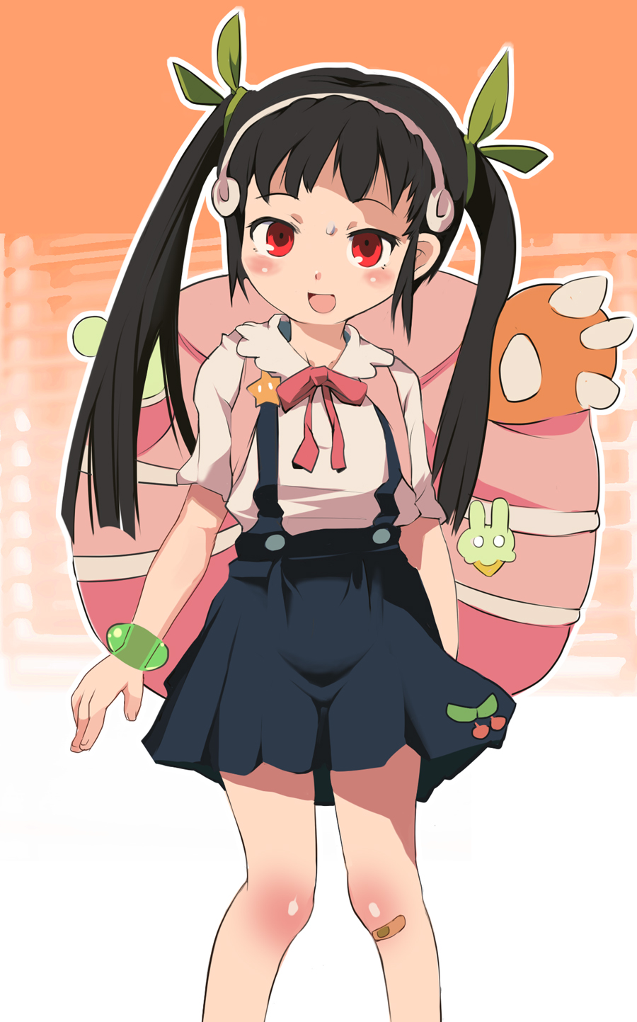 sasago kaze, hachikuji mayoi, bakemonogatari, monogatari (series), highres, 00s, 1girl, backpack, bag, bandages, bandaid, bandaid on knee, bandaid on leg, black hair, bracelet, female focus, jewelry, randoseru, red eyes, school uniform, skirt, solo, twintails
