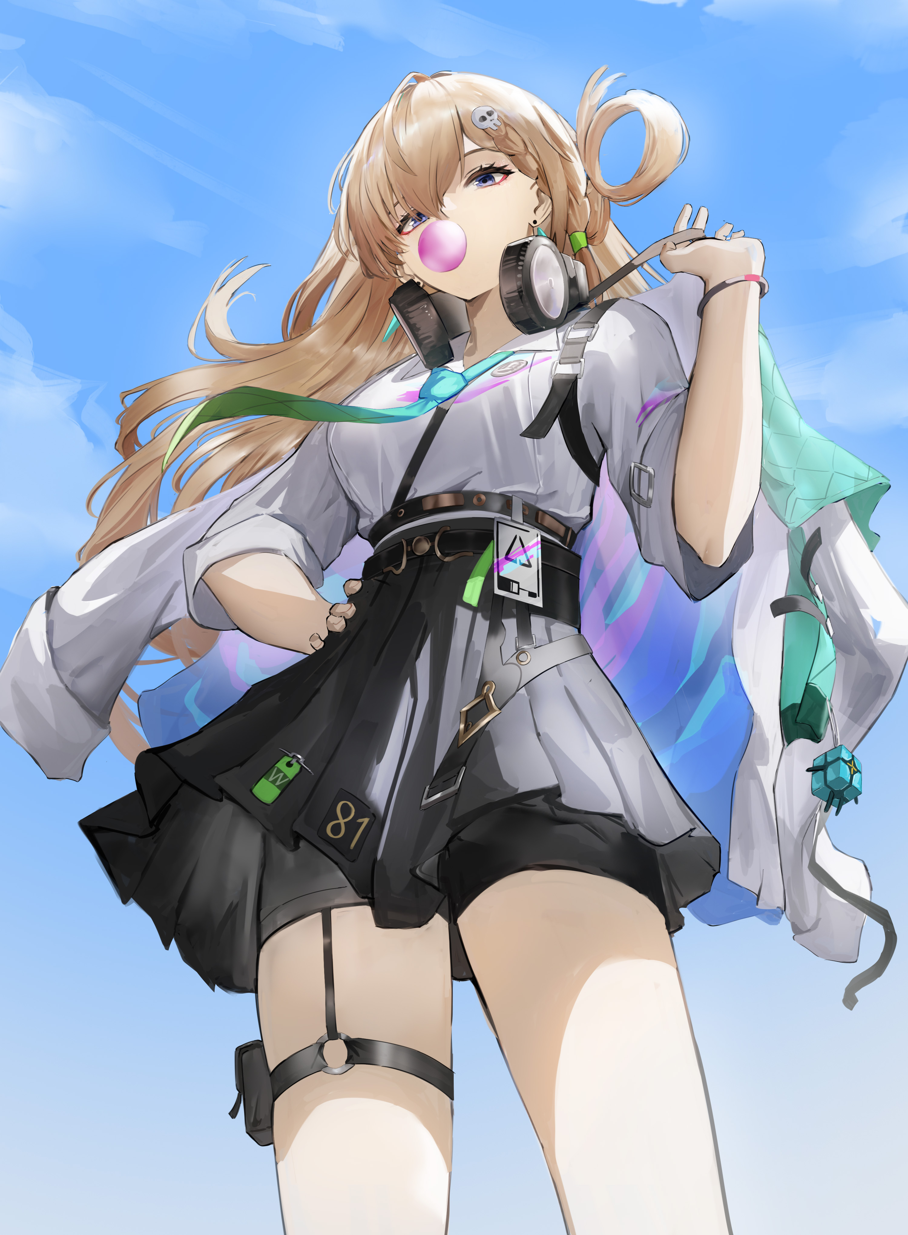 angelo (angeloart26), lynae (wuthering waves), wuthering waves, absurdres, commentary, highres, 1girl, aqua necktie, black shorts, black skirt, blonde hair, blowing bubble gum, blue sky, breasts, chewing gum, day, hand on own hip, headphones, headphones around neck, id card, jacket, long hair, looking at viewer, medium breasts, necktie, outdoors, purple eyes, shirt, shirt tucked in, shorts, shorts under skirt, skirt, sky, solo, white jacket, white shirt