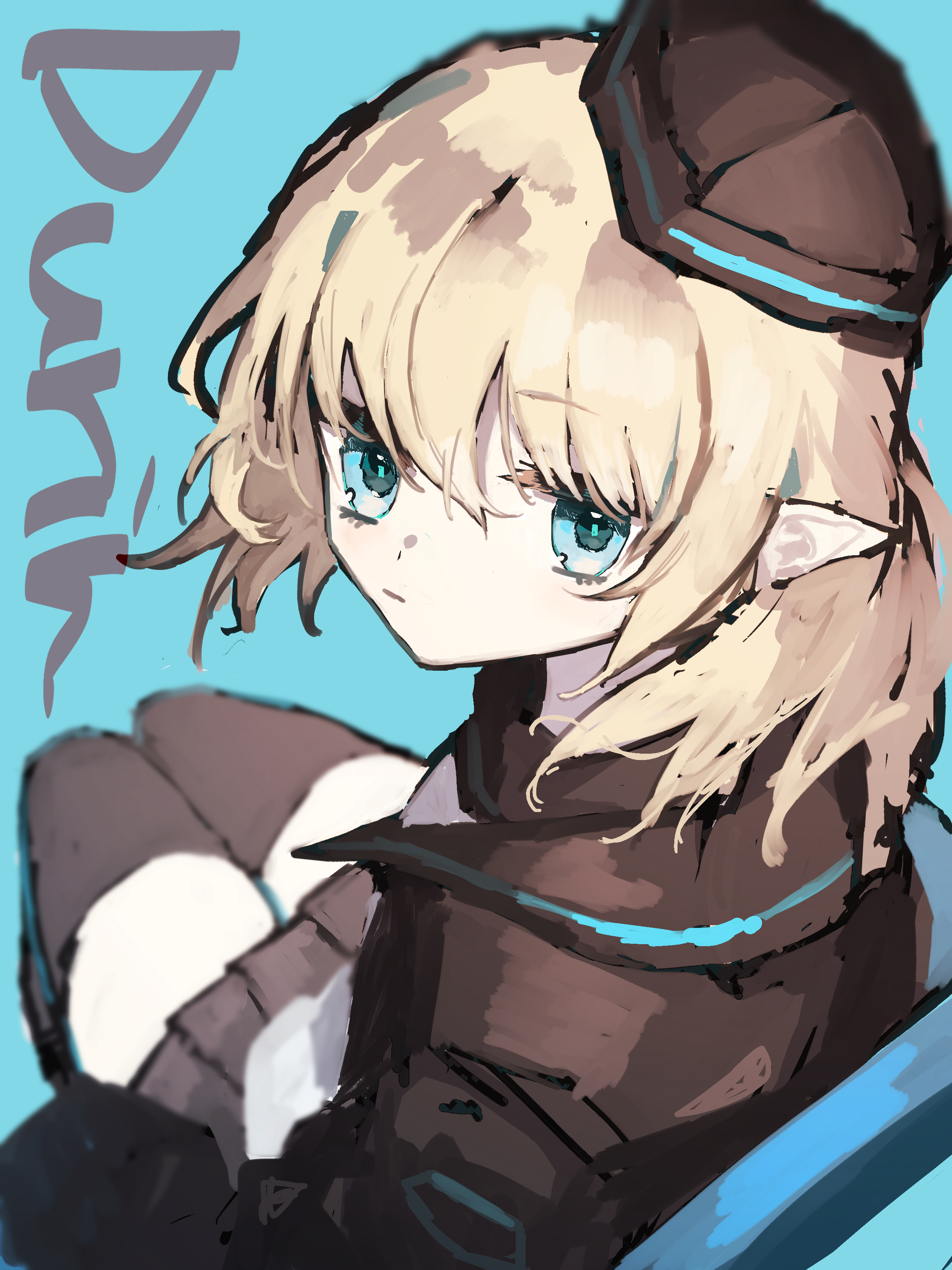 kensei (v2), durin (arknights), arknights, absurdres, commentary request, highres, 1girl, black hat, black jacket, black thighhighs, blonde hair, blue background, blue eyes, brown skirt, chair, character name, closed mouth, garrison cap, hair between eyes, hat, jacket, long sleeves, looking at viewer, looking back, on chair, open clothes, open jacket, pleated skirt, pointy ears, shirt, simple background, sitting, skirt, solo, thighhighs, tilted headwear, white shirt, zettai ryouiki