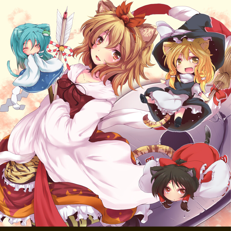 nejime, hakurei reimu, kirisame marisa, kochiya sanae, toramaru shou, touhou, bad id, bad pixiv id, 4girls, animal ears, apron, arrow (projectile), bell, black hair, blonde hair, blush, bow, broom, cat ears, cat girl, cat tail, chibi, closed eyes, detached sleeves, fang, female focus, frills, gathers, hat, japanese clothes, jingle bell, kemonomimi mode, large bow, miko, multiple girls, tail, tiger ears, tiger tail, ufo, witch, witch hat, yellow eyes