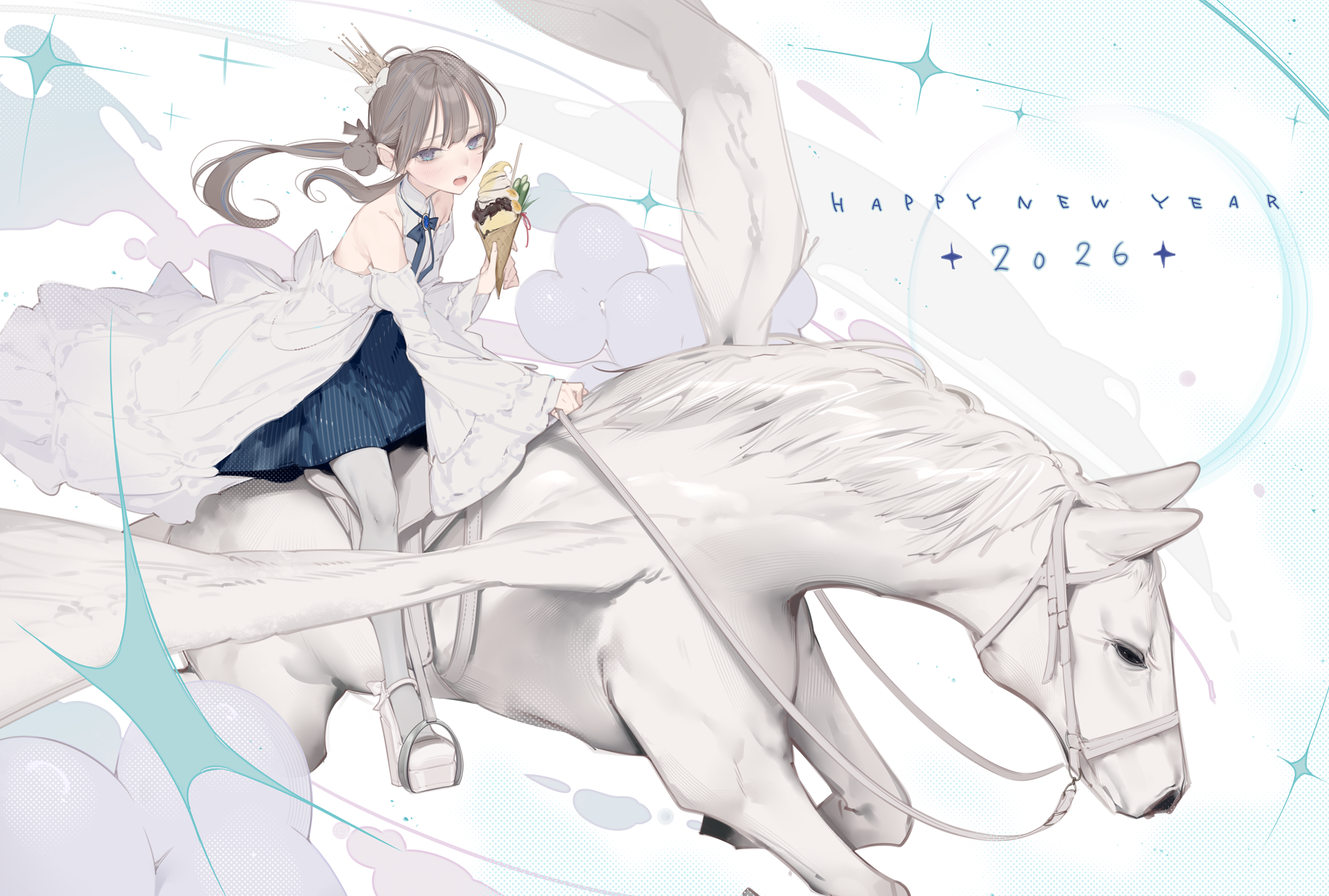 ama mitsuki, original, highres, 1girl, bare shoulders, breasts, detached sleeves, dress, green eyes, grey hair, happy new year, horse, long hair, looking at viewer, new year, open mouth, pegasus, riding, small breasts, solo, very long hair, white dress