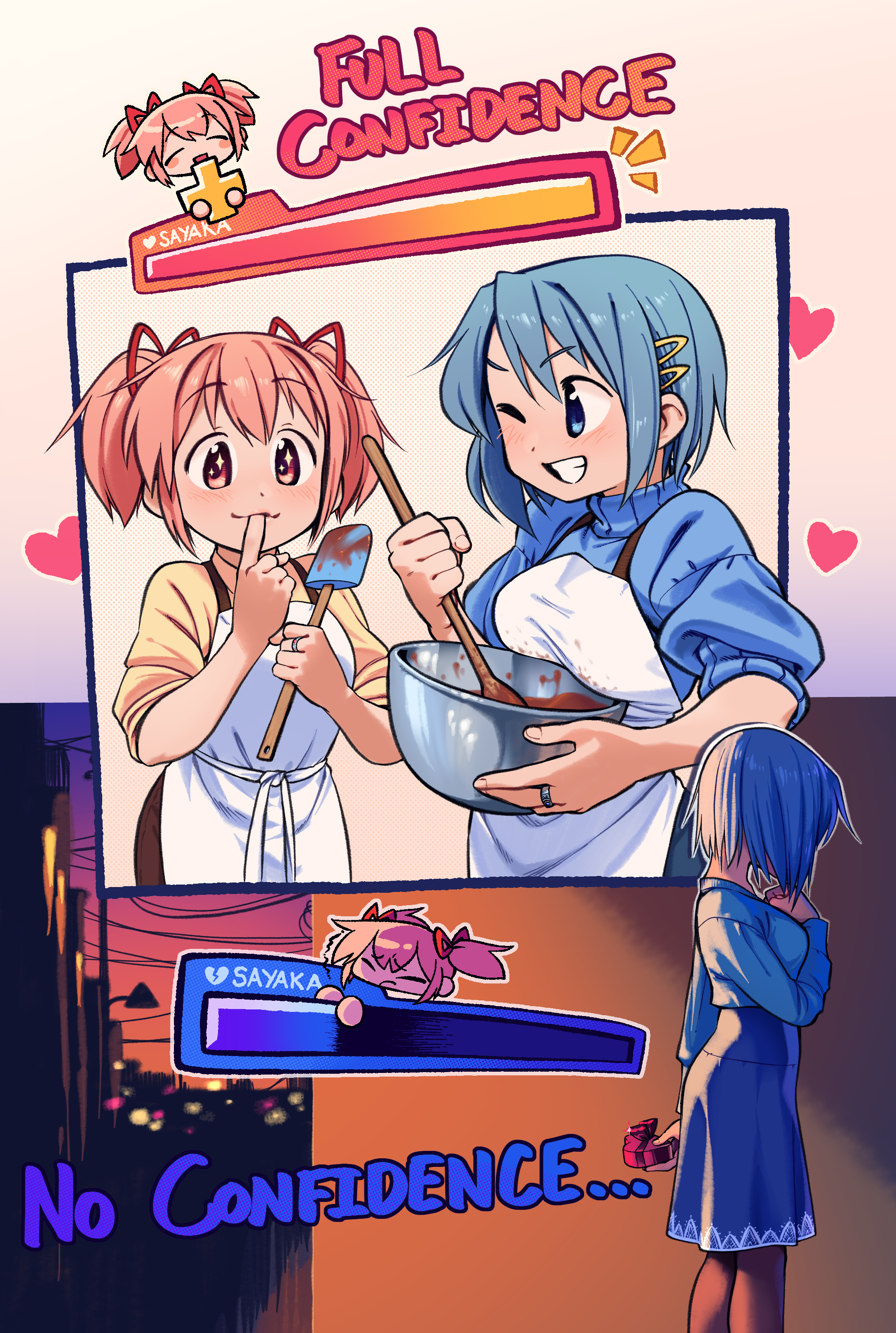 gloamy, kaname madoka, miki sayaka, mahou shoujo madoka magica, absurdres, commentary, english commentary, highres, 2girls, blue dress, blue eyes, blue hair, blue skirt, box, brown pantyhose, chocolate, city lights, cityscape, cooking, dress, dual persona, dusk, english text, feet out of frame, from behind, gift, gift box, heart, implied yuri, multiple girls, one eye closed, outdoors, pantyhose, pink eyes, pink hair, plus sign, short twintails, skirt, smile, twintails, upper body, valentine, worried