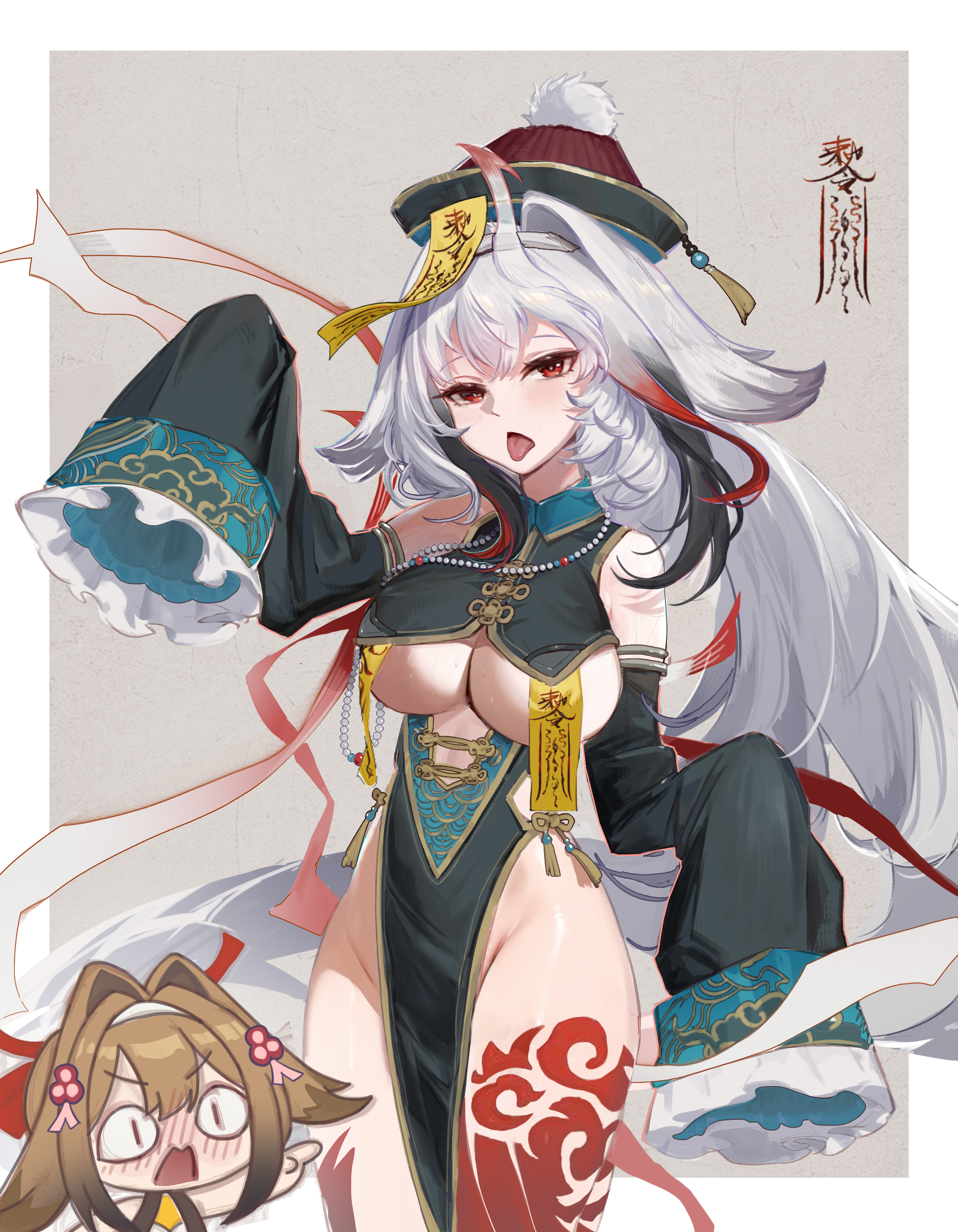 ye shunguang, zenless zone zero, absurdres, commentary, english commentary, highres, 2girls, alternate costume, armlet, black hair, blush, border, breasts, brown hair, chibi, china dress, chinese clothes, clover, clover hair ornament, cowboy shot, detached sleeves, dress, droopy ears, dual persona, gradient hair, grey background, hair ornament, hairband, hat, jewelry, jiangshi costume, large breasts, leg tattoo, long hair, looking at viewer, multicolored hair, multiple girls, ofuda, ofuda on nipples, open mouth, outstretched arms, pasties, pelvic curtain, qingdai guanmao, red eyes, red hair, see-through horns, silver armlet, sleeves past fingers, sleeves past wrists, sweat, tail, tattoo, tongue, tongue out, tooraracat, underboob, very long hair, white border, white hair, white hairband, zombie pose