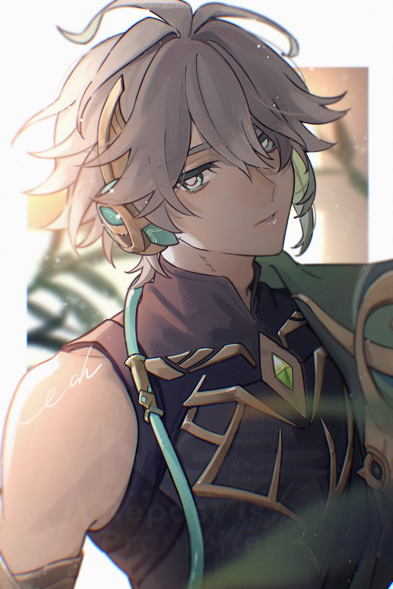 gsnleah8, alhaitham (genshin impact), genshin impact, commentary request, highres, 1boy, antenna hair, black shirt, blue eyes, blurry, blurry background, border, cable, cape, colored inner hair, covered collarbone, earpiece, gem, gold trim, green cape, green gem, green hair, grey hair, hair between eyes, half-closed eyes, jewelry, looking at viewer, male focus, mandarin collar, multicolored hair, open mouth, outside border, pendant, shirt, short hair, signature, single bare shoulder, sleeveless, sleeveless shirt, solo, upper body, white border