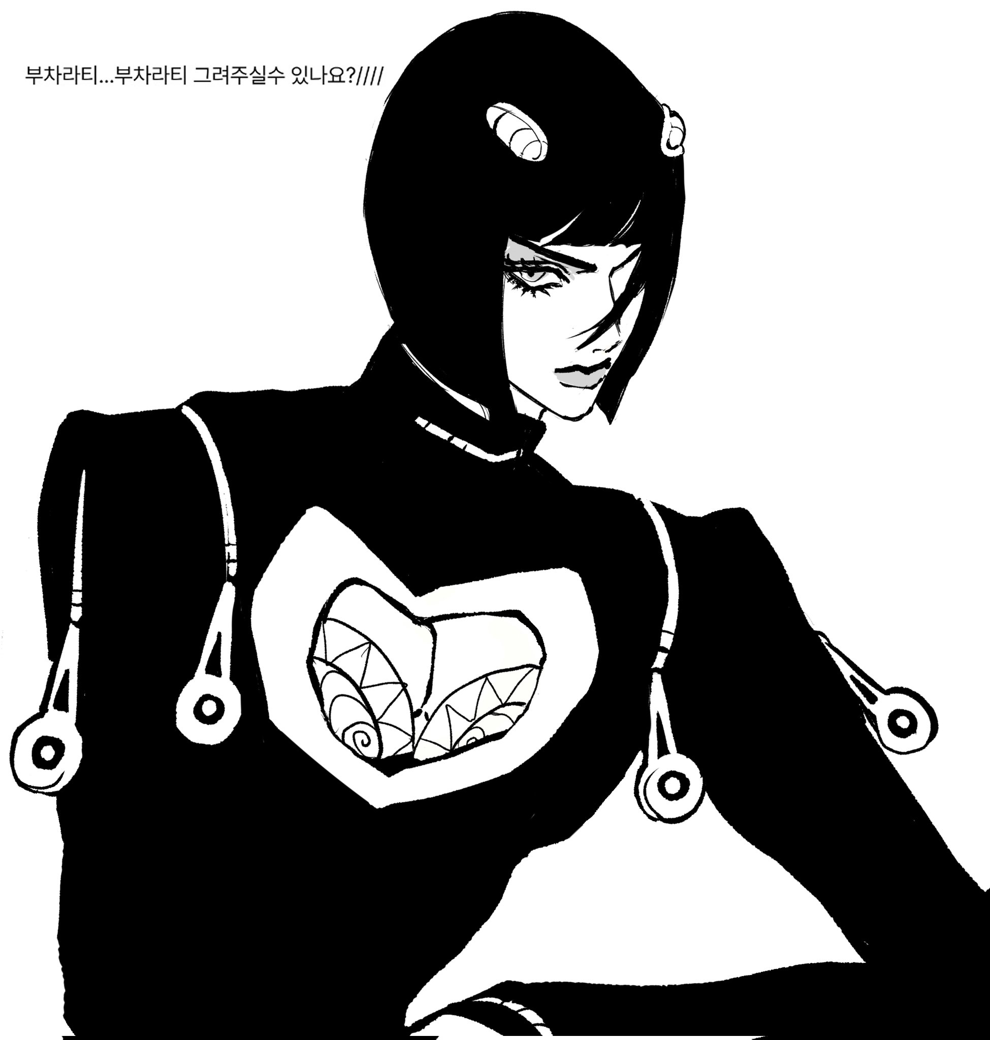 clamchowder55, bruno bucciarati, jojo no kimyou na bouken, vento aureo, commentary request, highres, korean commentary, 1boy, androgynous, blunt bangs, bob cut, cleavage cutout, clothing cutout, eyelashes, greyscale, hair over one eye, long sleeves, looking at viewer, male focus, monochrome, pectoral cleavage, pectorals, short hair, upper body