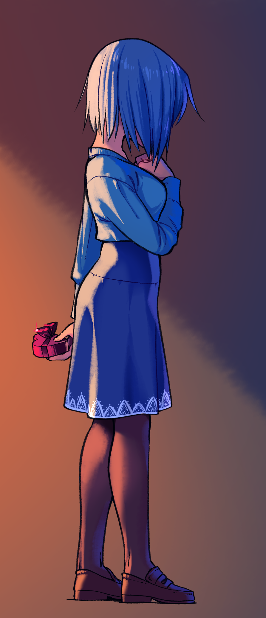 gloamy, miki sayaka, mahou shoujo madoka magica, commentary, english commentary, highres, 1girl, blue hair, blue shirt, blue skirt, box, box of chocolates, breasts, brown pantyhose, chocolate, food, from side, full body, hand on own chest, heart, holding, holding chocolate, holding food, long sleeves, medium breasts, pantyhose, shirt, skirt, solo, standing, valentine, worried