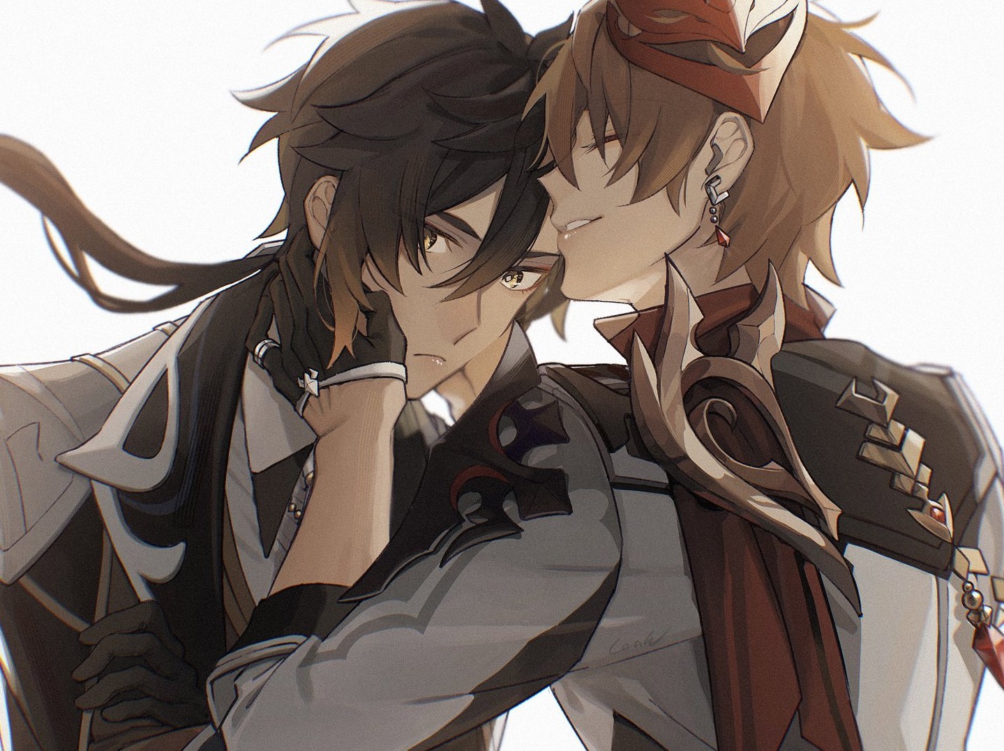 gsnleah8, tartaglia (genshin impact), zhongli (genshin impact), genshin impact, commentary request, 2boys, antenna hair, armor, black gloves, black hair, brown hair, brown jacket, cape, closed eyes, closed mouth, collared shirt, crossed arms, crystal earrings, diamond-shaped pupils, diamond (shape), earrings, floating hair, from behind, gem, gloves, gradient hair, grey jacket, hair between eyes, hands on another's face, hands up, jacket, jewelry, lapels, long hair, long sleeves, looking at viewer, low ponytail, male focus, mask, mask on head, multicolored hair, multiple boys, orange hair, ponytail, red cape, red gemstone, red mask, ring, shirt, short hair, shoulder armor, simple background, single earring, smile, symbol-shaped pupils, teeth, upper body, white background, white shirt, yaoi, yellow eyes