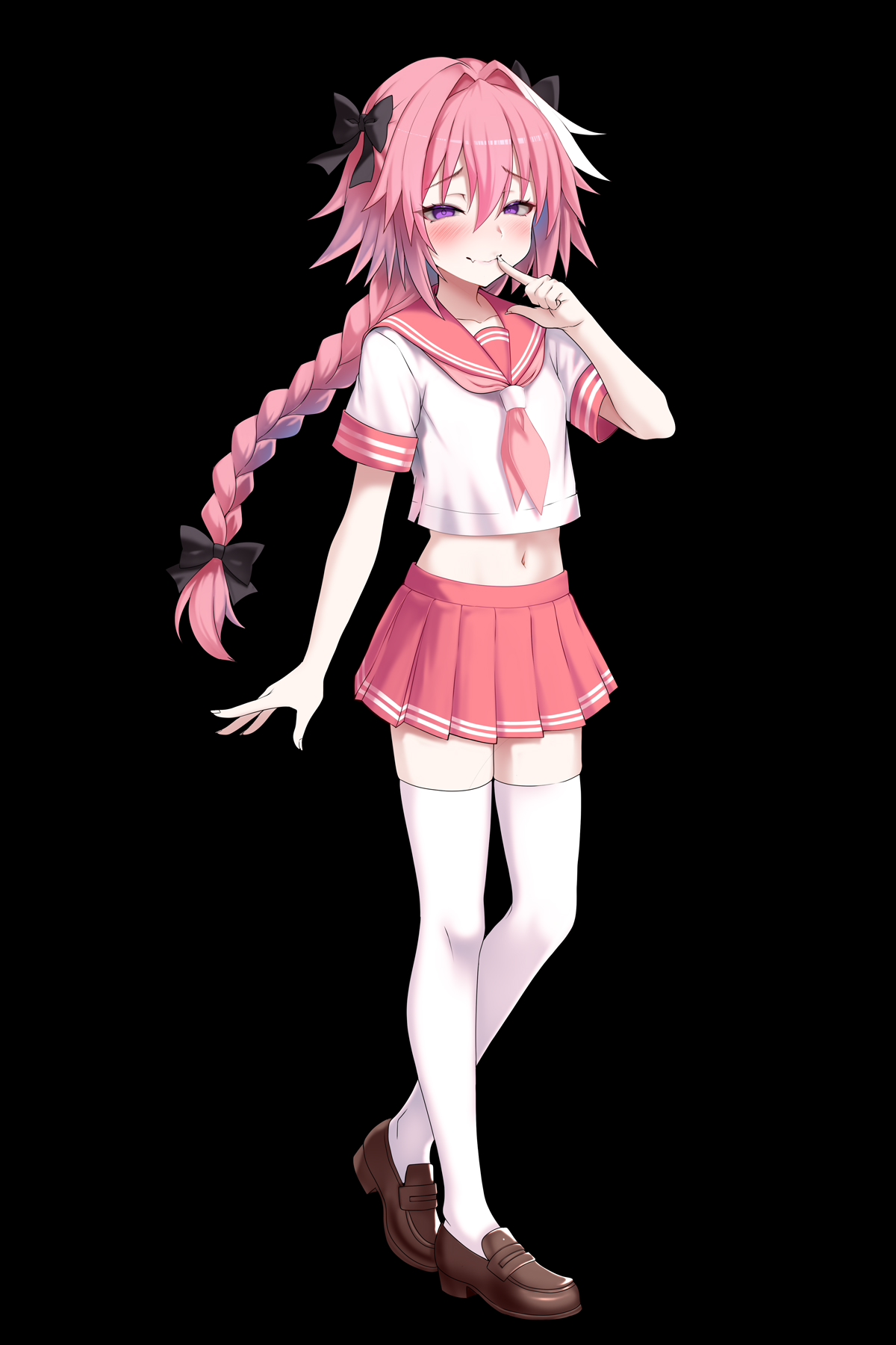 okuri banto, astolfo (fate), astolfo (sailor paladin) (fate), fate/grand order, fate (series), commentary request, highres, 1boy, blush, bow, braid, braided ponytail, brown shoes, crop top, full body, hair bow, hair intakes, loafers, long hair, looking at viewer, midriff, multicolored hair, neckerchief, pink hair, pink sailor collar, pink skirt, purple eyes, sailor collar, school uniform, serafuku, shirt, shoes, short sleeves, skirt, smile, solo, streaked hair, thighhighs, trap, white hair, white shirt, white thighhighs