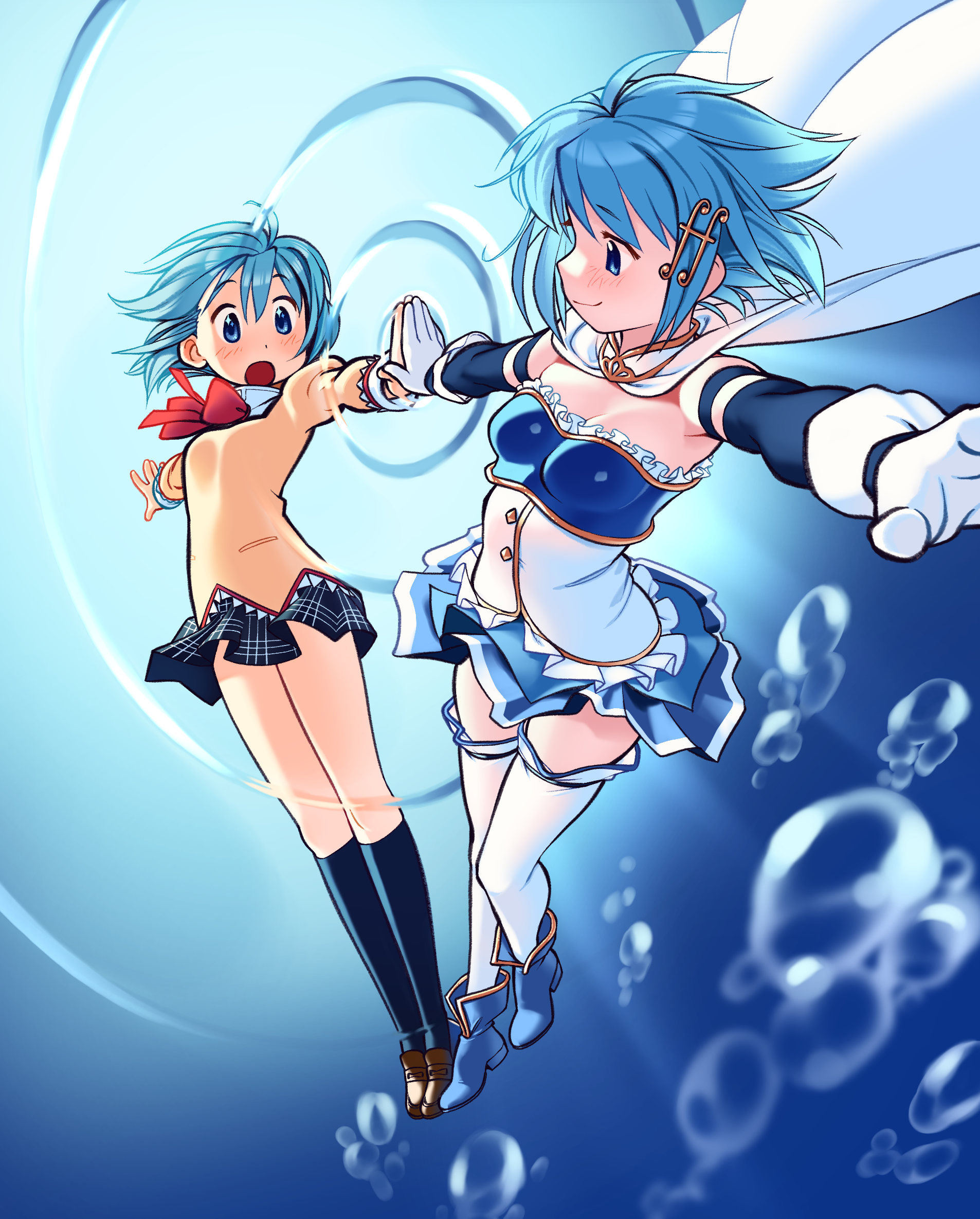 gloamy, miki sayaka, miki sayaka (magical girl), mahou shoujo madoka magica, mahou shoujo madoka magica (anime), commentary, english commentary, highres, 2girls, air bubble, black skirt, black socks, blue background, blue boots, blue eyes, blue hair, blue skirt, blush, boots, bow, bowtie, brown shoes, bubble, cape, closed mouth, dual persona, fortissimo, gloves, hair ornament, juliet sleeves, kneehighs, lace, lace-trimmed shirt, lace-trimmed sleeves, lace trim, loafers, long sleeves, magical girl, mitakihara school uniform, multiple girls, musical note, musical note hair ornament, outstretched arms, palms together, plaid clothes, plaid skirt, puffy sleeves, red bow, red bowtie, ribbon, ripples, school uniform, shirt, shoes, short hair, skirt, socks, sparkling eyes, sweater, thighhighs, white cape, white gloves, white shirt, white thighhighs, yellow sweater