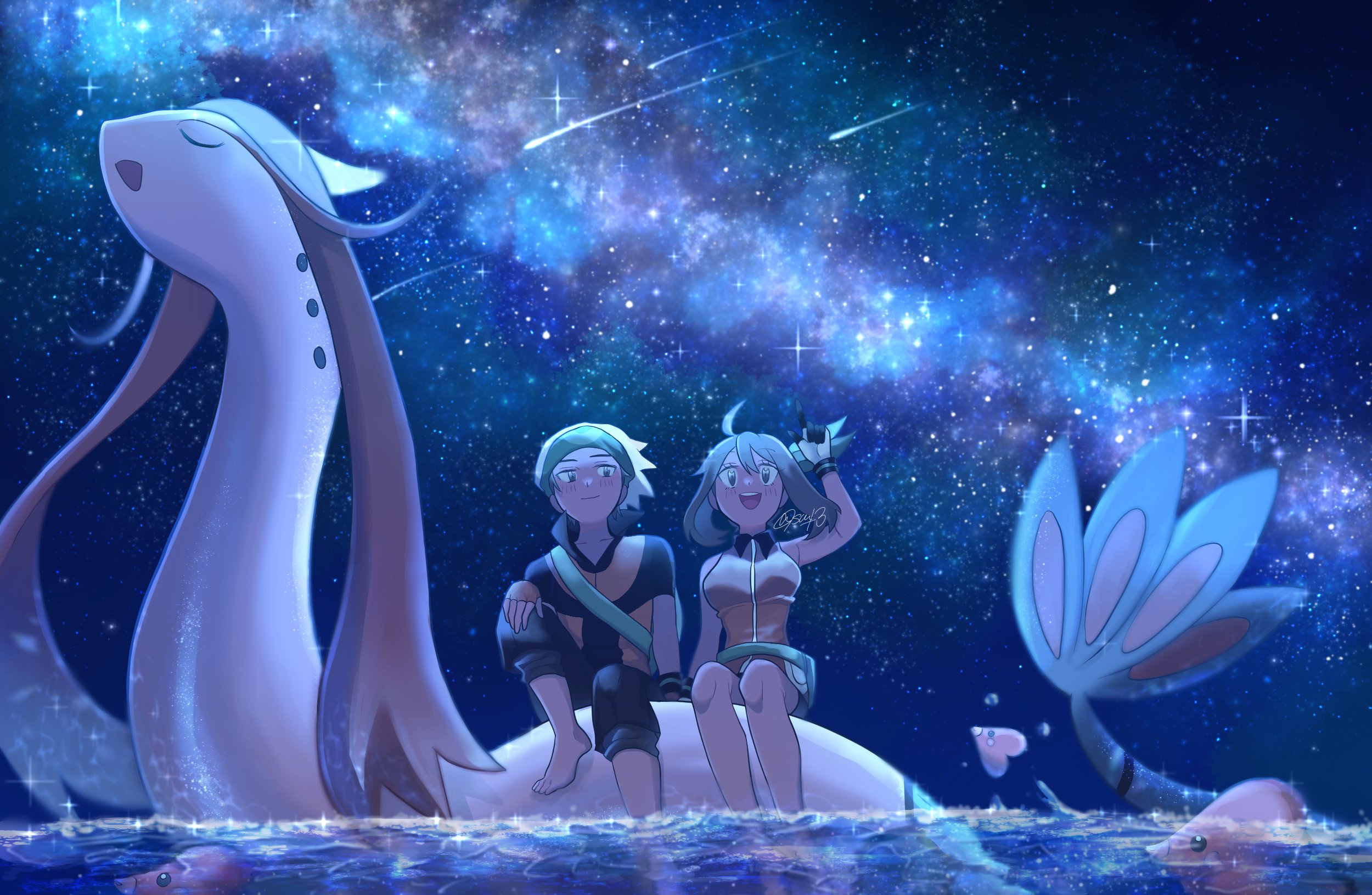 sanno (snn 3), brendan (pokemon), luvdisc, may (pokemon), milotic, nintendo, pokemon, pokemon rse, commentary request, highres, 1boy, 1girl, arm up, bandana, barefoot, beanie, black pants, breasts, brown hair, collared shirt, dating, gen 3 pokemon, gloves, green bandana, hat, hetero, index finger raised, light blush, nebula, ocean, open mouth, pants, pointing, pokemon (creature), riding, riding pokemon, shirt, shooting star, short sleeves, sky, smile, star (sky), starry sky, white hat