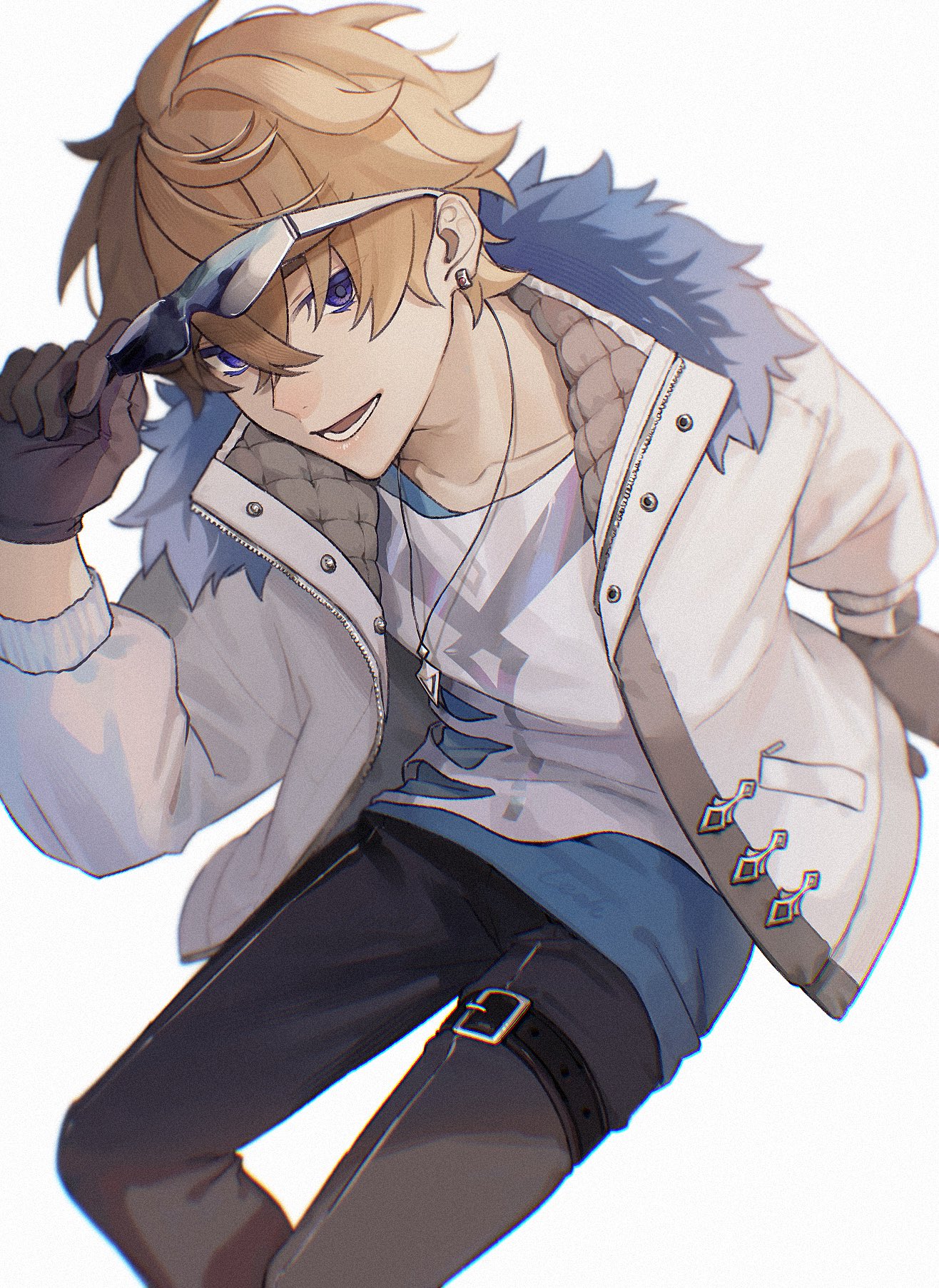 gsnleah8, tartaglia (genshin impact), tartaglia (xiaomi) (genshin impact), genshin impact, commentary request, highres, 1boy, artist name, black pants, blue shirt, brown gloves, buttons, collarbone, crossed bangs, earrings, eyewear on head, fur-trimmed jacket, fur trim, gloves, grey jacket, hair between eyes, hand up, holding, jacket, jewelry, long sleeves, looking at viewer, male focus, necklace, official alternate costume, open clothes, open jacket, open mouth, orange hair, pants, pocket, puffy long sleeves, puffy sleeves, purple eyes, purple pupils, shirt, short hair, simple background, sitting, smile, solo, sunglasses, t-shirt, teeth, thigh strap, torn clothes, torn shirt, two-sided fabric, two-sided jacket, white-framed eyewear, white background, white jacket, white shirt