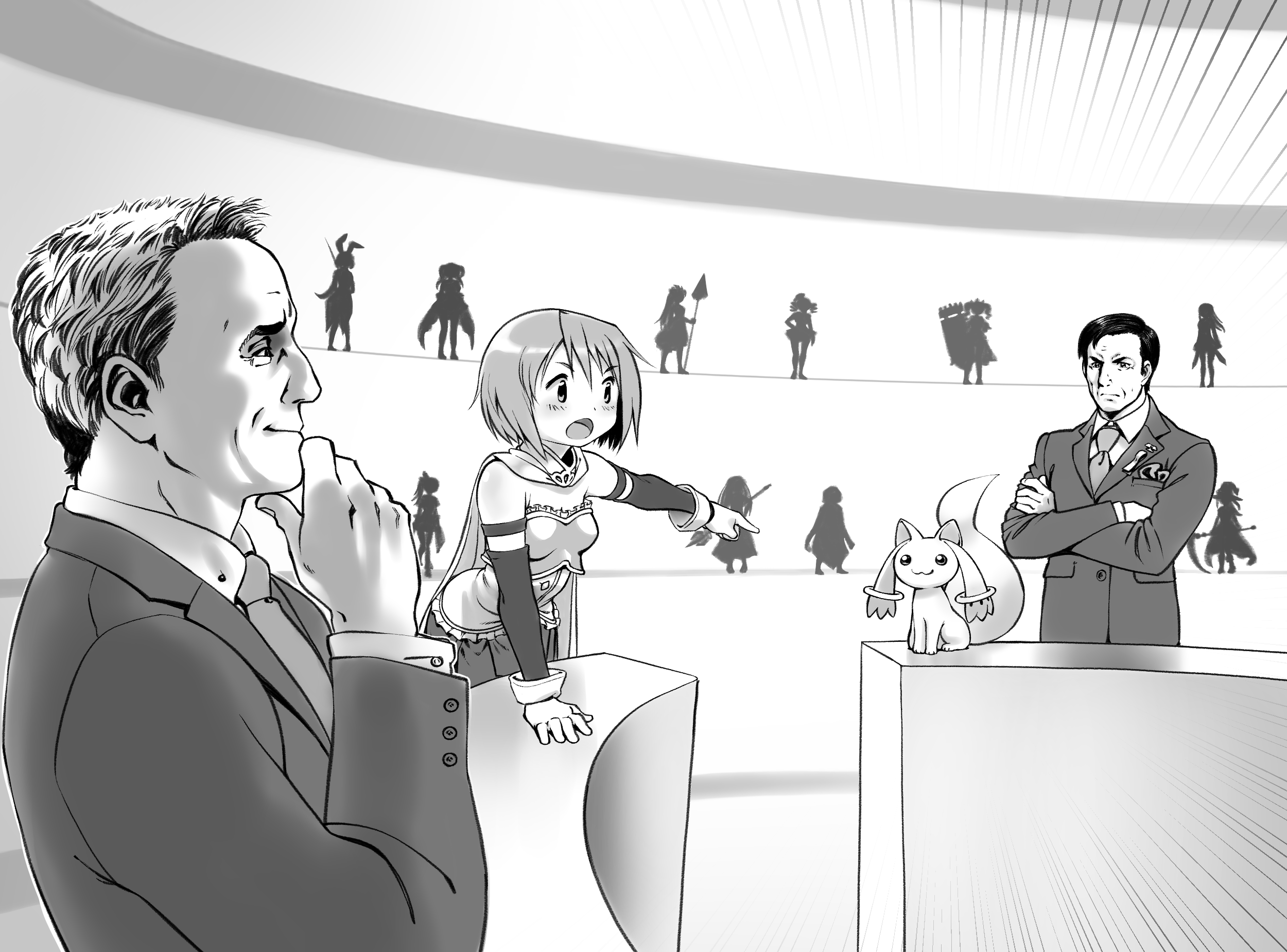 gloamy, howard hamlin, kyubey, miki sayaka, miki sayaka (magical girl), saul goodman, better call saul, breaking bad, mahou shoujo madoka magica, commentary, english commentary, highres, 2boys, :3, alien, cape, closed mouth, collared shirt, courtroom, crossover, formal clothes, gloves, greyscale, looking at another, magical girl, monochrome, multiple boys, multiple girls, necktie, open mouth, pointing, pointing at another, shirt, short hair, standing, suit, upper body