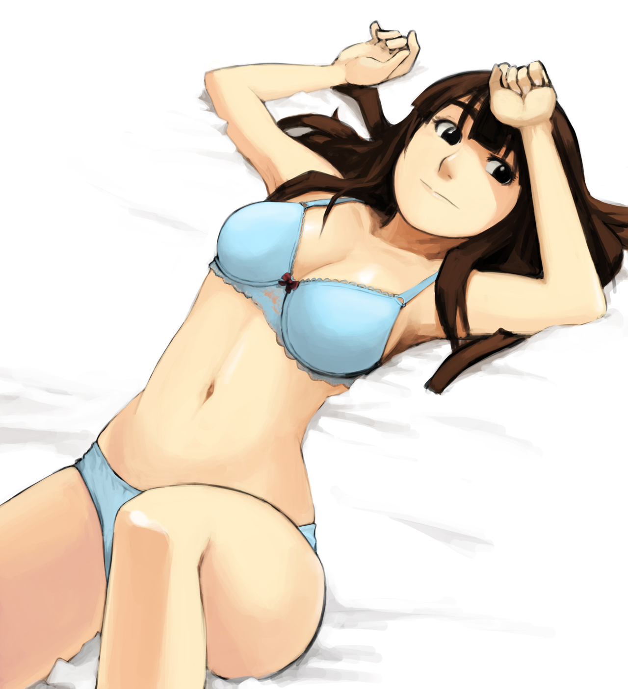 tachibana midori, tachibana roku, bad id, bad pixiv id, highres, 1girl, blunt bangs, bra, breasts, brown hair, cleavage, female focus, hime cut, lingerie, lying, navel, panties, solo, underwear, underwear only