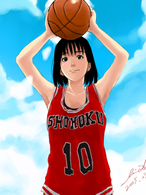 tachibana midori, tachibana roku, akagi haruko, slam dunk (series), 1990s (style), 1girl, armpits, ball, basketball, basketball (object), basketball uniform, black hair, clothes writing, day, female focus, retro artstyle, short hair, sky, solo, sportswear