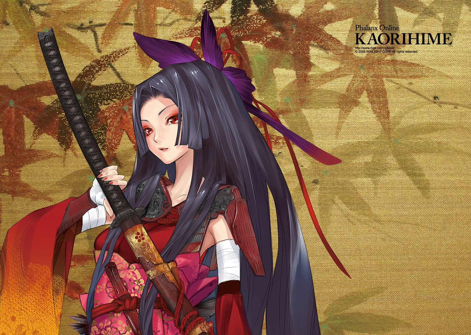 redjuice, original, highres, 1girl, armpits, bandages, black hair, collarbone, detached sleeves, epaulettes, female focus, hair ornament, hair ribbon, hime cut, katana, long hair, open mouth, red eyes, ribbon, scabbard, sheath, solo, sword, very long hair, weapon