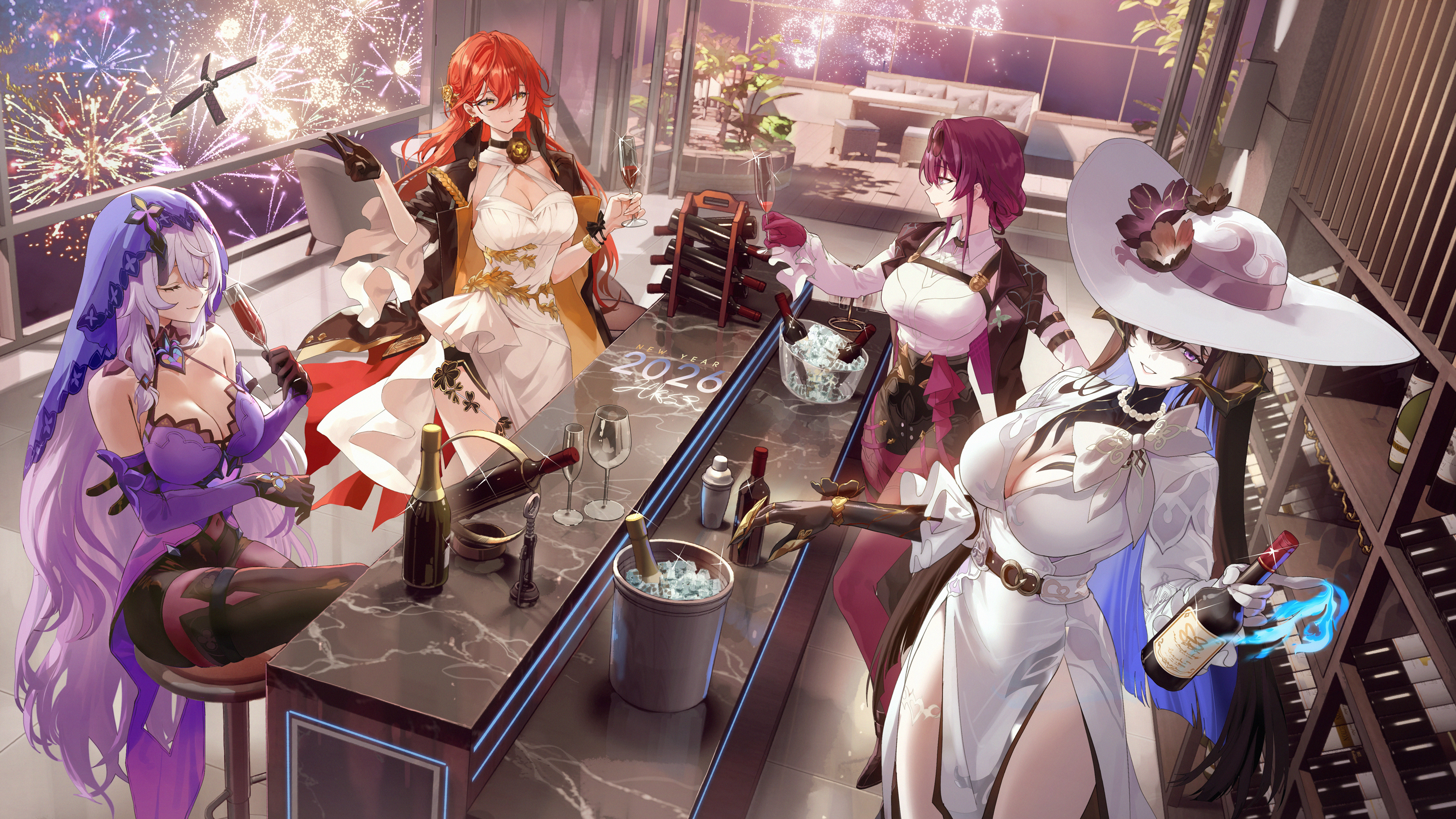 salmon88, black swan (honkai: star rail), himeko (honkai: star rail), kafka (honkai: star rail), the dahlia (honkai: star rail), honkai: star rail, honkai (series), commentary, commentary request, english commentary, highres, 4girls, aerial fireworks, black hair, black jacket, black shorts, bottle, breasts, dress, fireworks, happy new year, hat, indoors, jacket, large breasts, long hair, multiple girls, new year, purple dress, purple hair, purple veil, red hair, shirt, shorts, sitting, sun hat, veil, white dress, white shirt, wine bottle