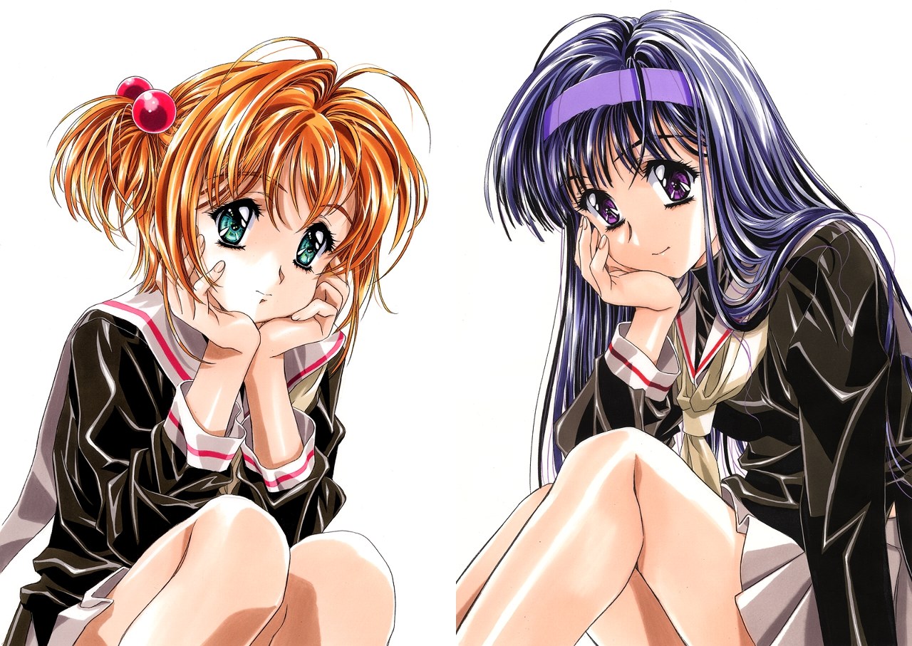 kawarajima kou, daidouji tomoyo, kinomoto sakura, cardcaptor sakura, 2girls, aqua eyes, black hair, blue hair, brown hair, child, green eyes, hair bobbles, hair ornament, hairband, head rest, long hair, long sleeves, multiple girls, orange hair, parody, purple eyes, purple hair, school uniform, short hair, short twintails, sitting, skirt, tomoeda middle school uniform, twintails, white background