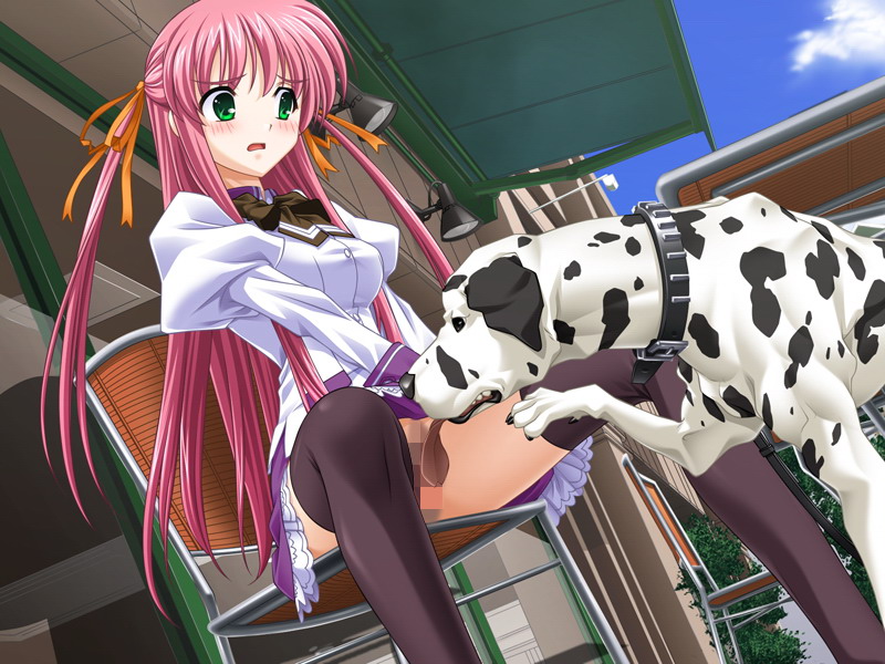 delta (delta0127), aihara sarina, leo (shiiku hakusho), shiiku hakusho, 1girl, bestiality, censored, cunnilingus, dalmatian, dog, female focus, green eyes, oral, pink hair, thighhighs