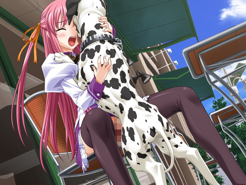 delta (delta0127), aihara sarina, leo (shiiku hakusho), shiiku hakusho, 1girl, bestiality, blush, censored, chair, closed eyes, dalmatian, day, dog, drooling, dutch angle, female focus, juliet sleeves, long hair, long sleeves, mosaic censoring, open mouth, outdoors, pink hair, puffy sleeves, school uniform, sex, sitting, spread legs, table, thighhighs, two side up, vaginal
