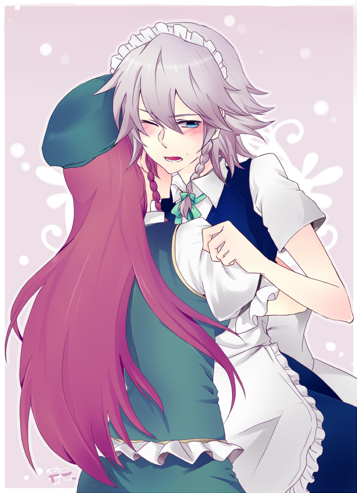 kanaritu, hong meiling, izayoi sakuya, embodiment of scarlet devil, touhou, silver hair, bad id, bad pixiv id, 2girls, blue eyes, blush, braid, female focus, hairband, hat, long hair, maid, multiple girls, red hair, short hair, twin braids, wince, yuri