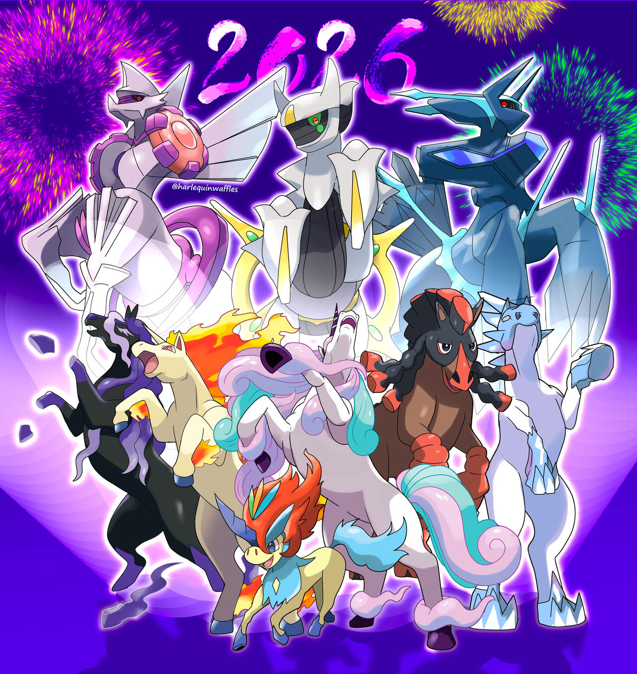 harlequinwaffles, arceus, dialga, dialga (origin), galarian rapidash, glastrier, keldeo, keldeo (resolute), mudsdale, palkia, palkia (origin), rapidash, spectrier, nintendo, pokemon, commentary, english commentary, highres, 2026, animal focus, black sclera, blue eyes, chinese zodiac, closed mouth, colored sclera, fire, galarian form, gen 1 pokemon, gen 4 pokemon, gen 5 pokemon, gen 7 pokemon, gen 8 pokemon, green sclera, horns, ice, legendary pokemon, mythical pokemon, new year, no humans, nostrils, open mouth, orange eyes, outline, pokemon (creature), pokemon focus, rearing, red eyes, single horn, twitter username, white outline, year of the horse