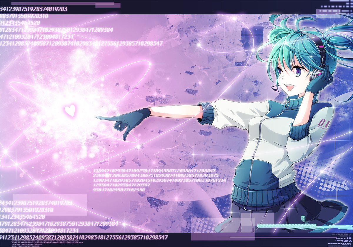mirusa, hatsune miku, vocaloid, 1girl, aqua hair, blue eyes, casual, female focus, gloves, headphones, headset, heart, jacket, skirt, smile, solo, twintails