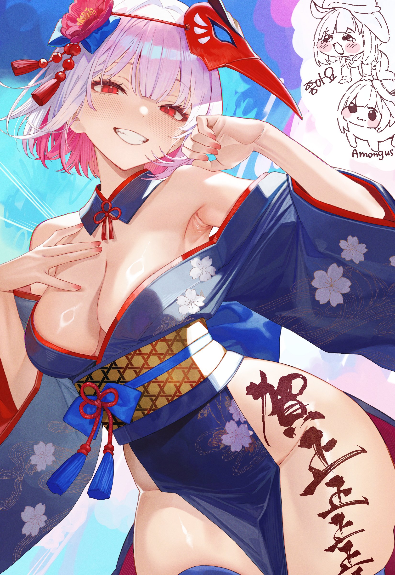 suujiniku, doro (nikke), absurdres, character request, commentary request, copyright request, highres, translation request, 3girls, armpit crease, blue kimono, body writing, breasts, cleavage, colored inner hair, detached collar, flower, grin, hair flower, hair ornament, hands up, japanese clothes, kimono, korean text, long sleeves, looking at viewer, mask, mask on head, medium breasts, meme, multicolored hair, multiple girls, obi, parted lips, pelvic curtain, pink hair, red eyes, sash, short hair, smile, speakiposting (meme), teeth, two-tone hair, wide sleeves