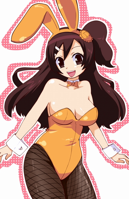 momo (fruits box), oozora himawari, otenki studio, 1girl, animal ears, bow, bowtie, breasts, brown eyes, brown hair, cleavage, cuffs, detached collar, fake animal ears, female focus, fishnet pantyhose, fishnets, large breasts, long hair, pantyhose, playboy bunny, rabbit ears, side ponytail, smile, solo, wrist cuffs