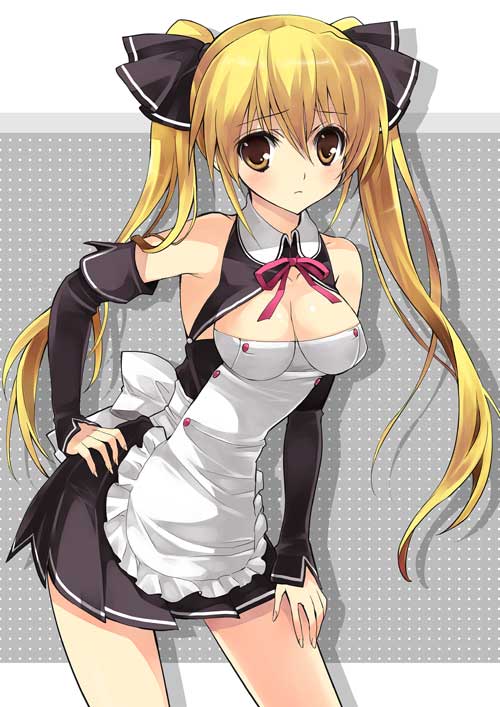 yukiwo, mian (dream c club), dream c club, dream c club (series), jpeg artifacts, 1girl, blonde hair, breasts, cleavage, detached sleeves, female focus, hand on own hip, hip focus, long hair, solo, twintails, yellow eyes