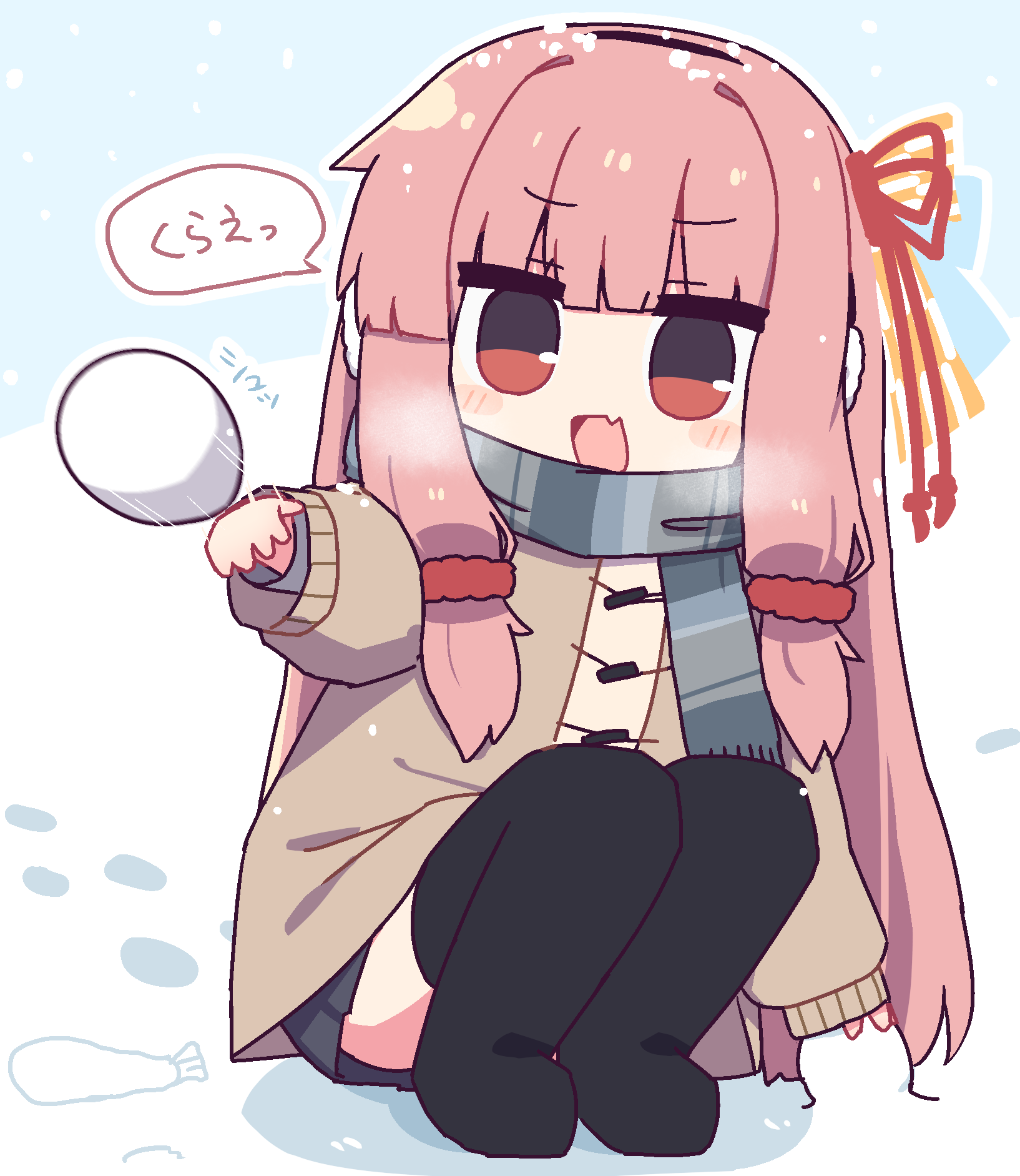 hibino 000, kotonoha akane, voiceroid, commentary, highres, translated, 1girl, :d, black boots, black skirt, blunt bangs, blush stickers, boots, brown coat, coat, dated commentary, day, fang, full body, grey scarf, hair ribbon, long hair, long sleeves, miniskirt, open mouth, outdoors, pink hair, pleated skirt, red eyes, red ribbon, ribbon, scarf, sidelocks, skin fang, skirt, smile, snow, snowball, snowing, solo, squatting, striped clothes, striped scarf, thigh boots, throwing, very long hair, winter