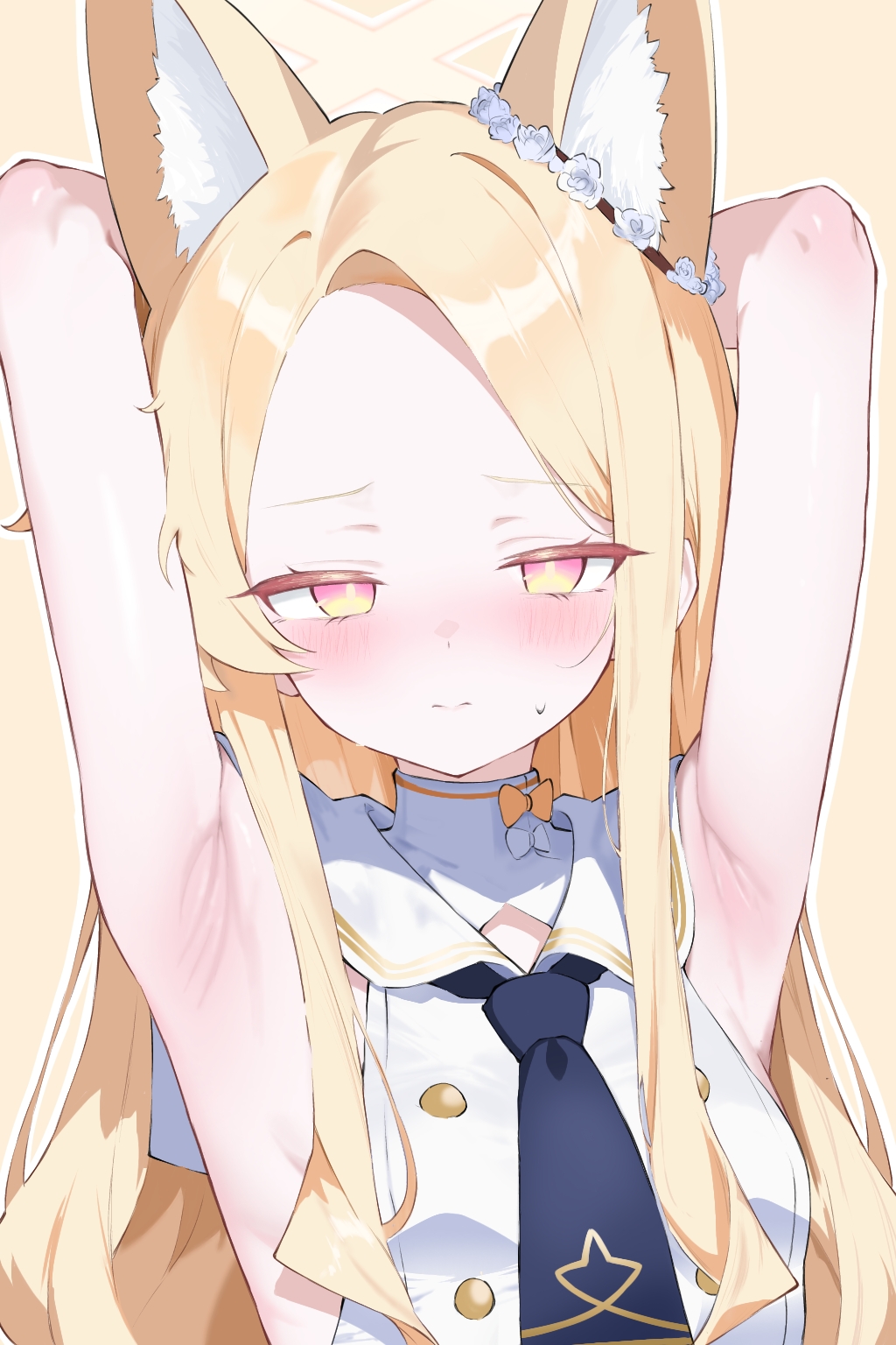 koko (user hktv5235), seia (blue archive), blue archive, commentary, highres, 1girl, animal ear fluff, animal ears, armpit focus, armpits, arms behind head, blonde hair, blue necktie, blush, bright pupils, closed mouth, dress, extra ears, fox ears, long hair, necktie, pink eyes, presenting armpit, simple background, sleeveless, sleeveless dress, solo, upper body, white pupils, yellow background, yellow eyes, yellow necktie