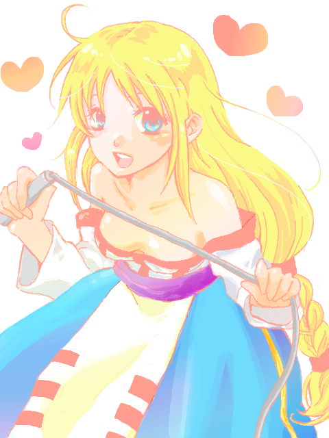 i-k, lieza (arc the lad), arc the lad, arc the lad ii, 1girl, bare shoulders, blonde hair, blue eyes, breasts, cleavage, dress, female focus, heart, long hair, open mouth, solo, whip, white background