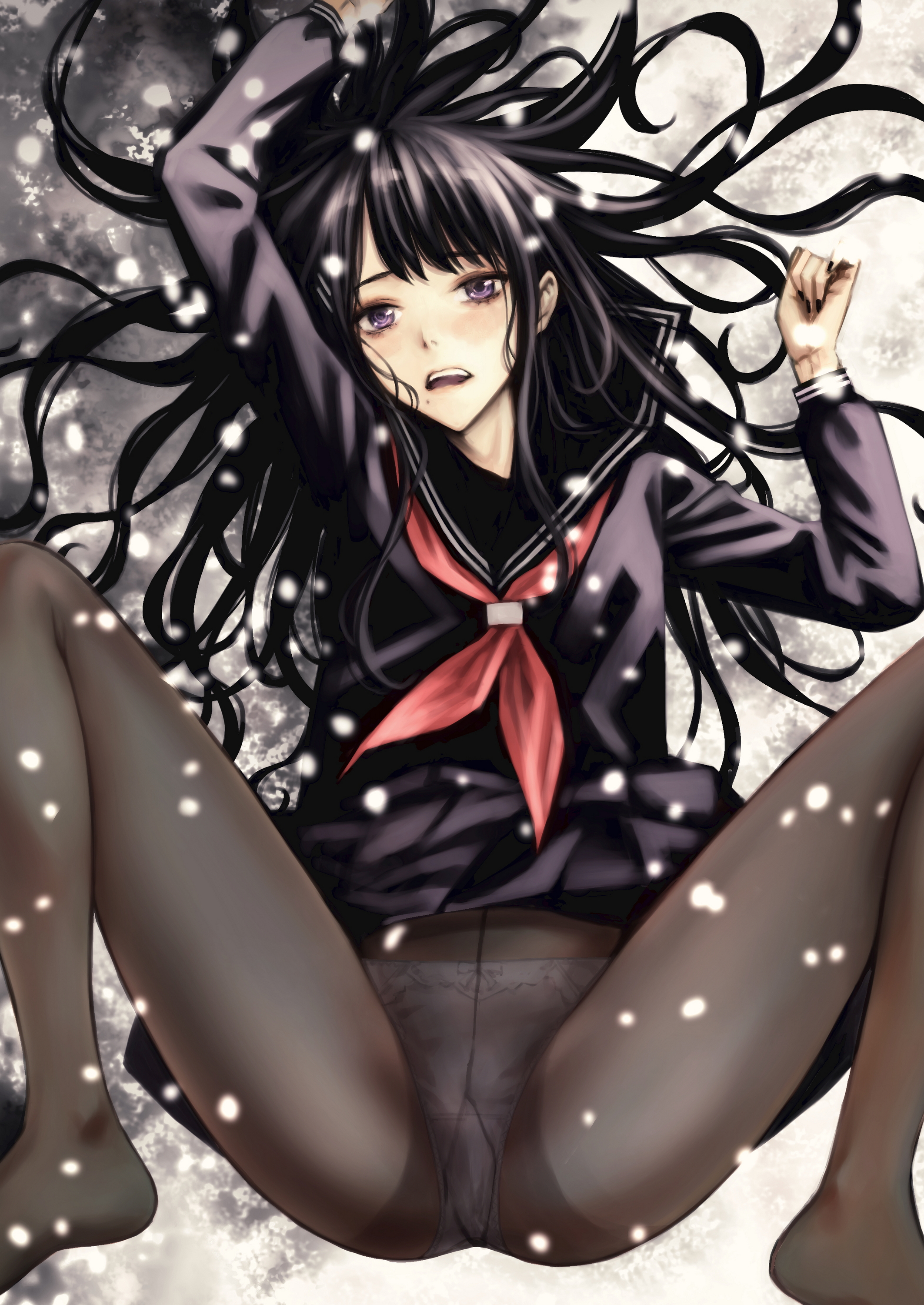 takano masayuki, kazano hiori, idolmaster, idolmaster shiny colors, absurdres, commentary request, highres, variant set, 1girl, alternate costume, black hair, black pantyhose, black serafuku, crotch seam, long hair, long sleeves, looking at viewer, lying, neckerchief, no shoes, on back, open mouth, panties, panties under pantyhose, pantyhose, purple eyes, red neckerchief, school uniform, serafuku, solo, underwear