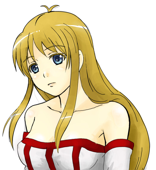 hosi, lieza (arc the lad), arc the lad, arc the lad ii, 1girl, bare shoulders, blonde hair, blue eyes, detached sleeves, female focus, long hair, simple background, solo, white background