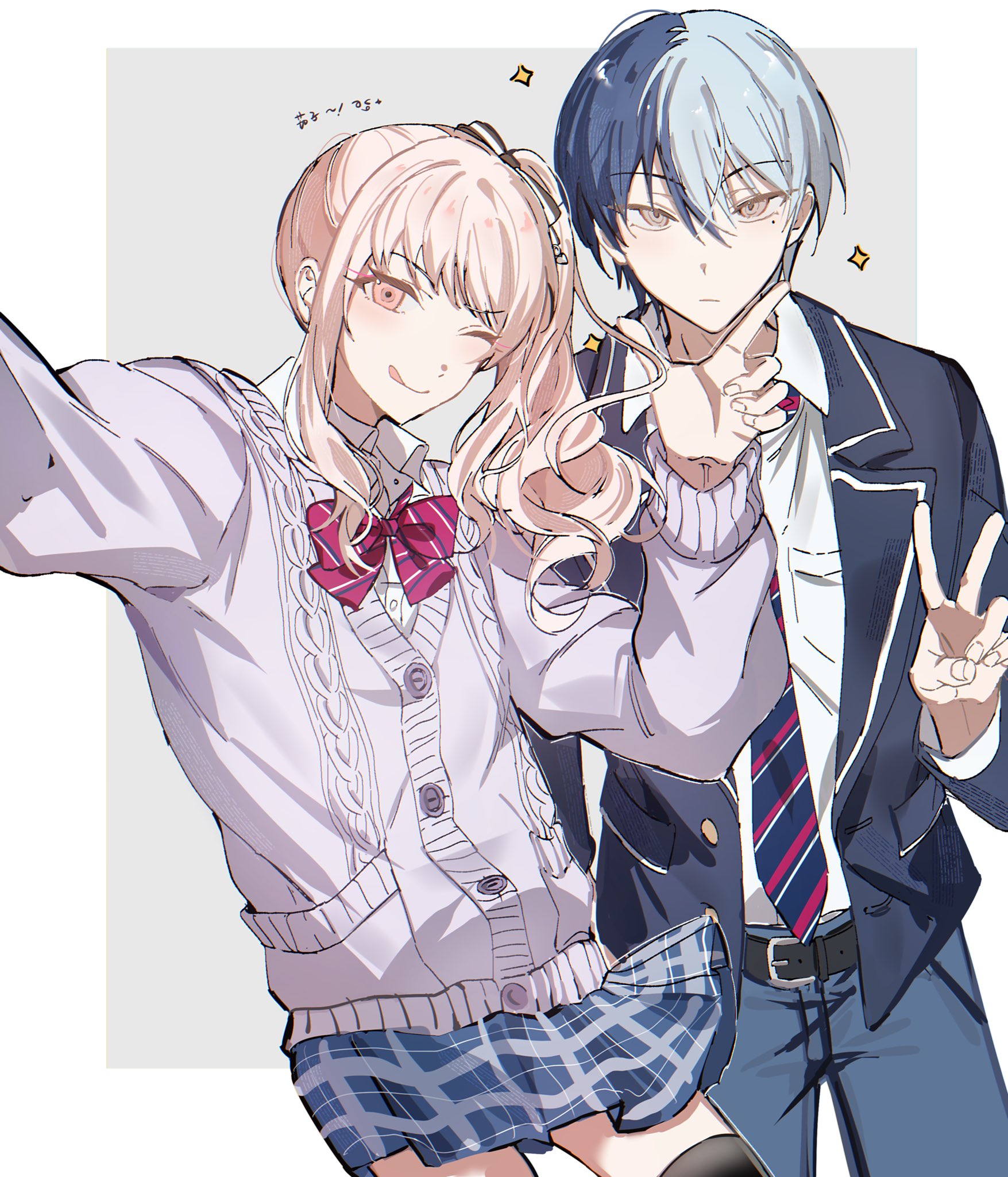 akiyama mizuki, aoyagi touya, project sekai, commentary, highres, 1boy, 1other, androgynous, belt, black belt, blazer, blue hair, border, bow, bowtie, cardigan, closed mouth, collared shirt, cowboy shot, diagonal-striped bow, diagonal-striped bowtie, diagonal-striped clothes, diagonal-striped necktie, fingernails, jacket, kabinghaochi, kamiyama high school uniform (project sekai), lapels, long hair, long sleeves, looking at viewer, mole, mole under eye, multicolored bow, multicolored bowtie, multicolored hair, multicolored necktie, necktie, notched lapels, one eye closed, open clothes, open jacket, outside border, pink eyes, pink hair, plaid clothes, plaid skirt, ponytail, purple cardigan, school uniform, shirt, short hair, sidelocks, simple background, skirt, sparkle, split-color hair, striped bow, striped bowtie, striped clothes, tongue, tongue out, two-tone hair, v, white border