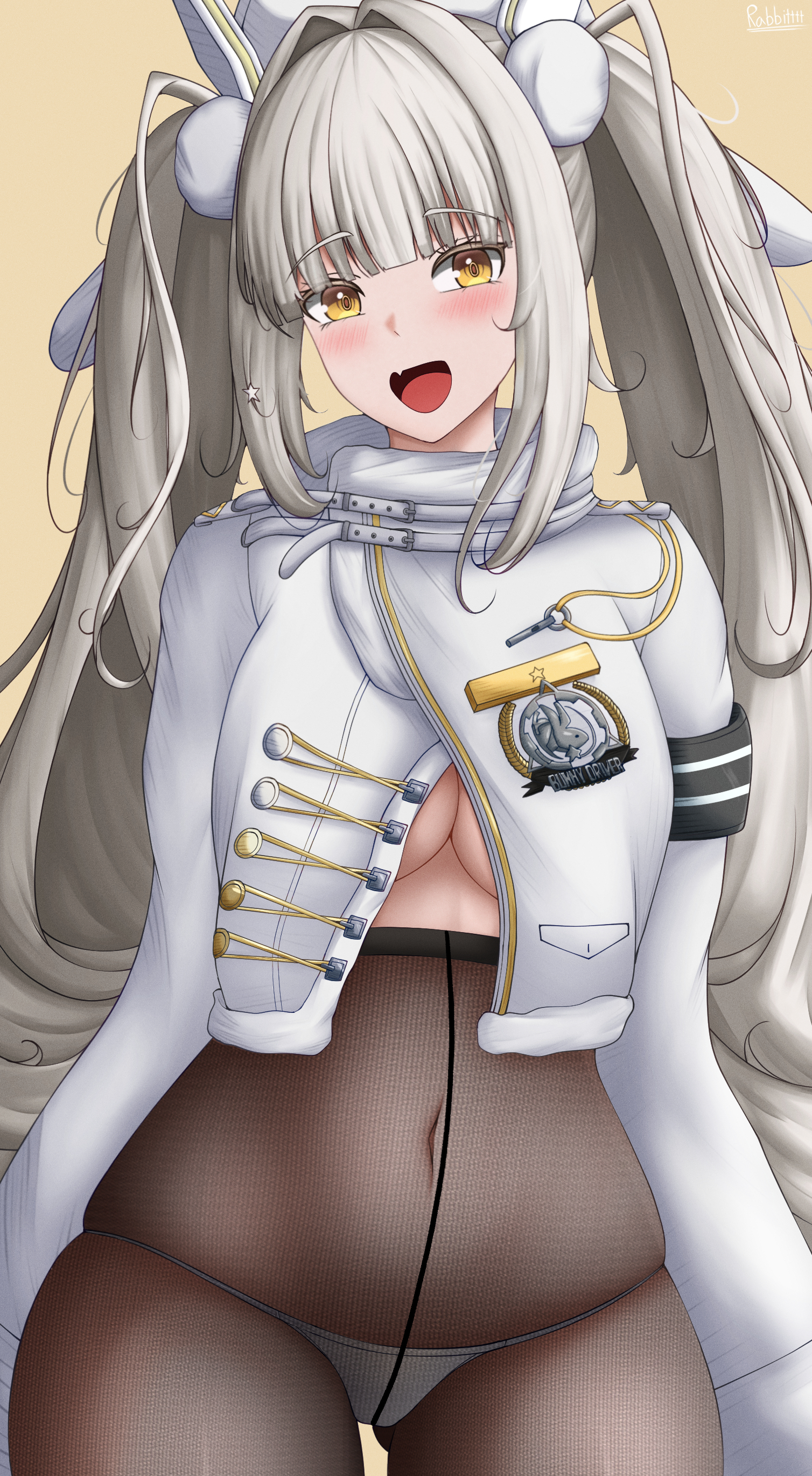 rabbitttt, blanc (fortune express) (nikke), blanc (nikke), goddess of victory: nikke, absurdres, commentary, english commentary, highres, 1girl, armband, black armband, black pantyhose, boots, breasts, coat, covered erect nipples, crotch seam, fang, fur-trimmed collar, fur-trimmed sleeves, fur trim, hair ornament, hat, high-waist pantyhose, jacket, long hair, looking at viewer, no pants, official alternate costume, panties, panties under pantyhose, pantyhose, pom pom (clothes), pom pom hair ornament, seamed legwear, see-through pantyhose, skin fang, smile, solo, twintails, underwear, very long hair, white boots, white hair, white hat, winter clothes, winter coat, yellow eyes