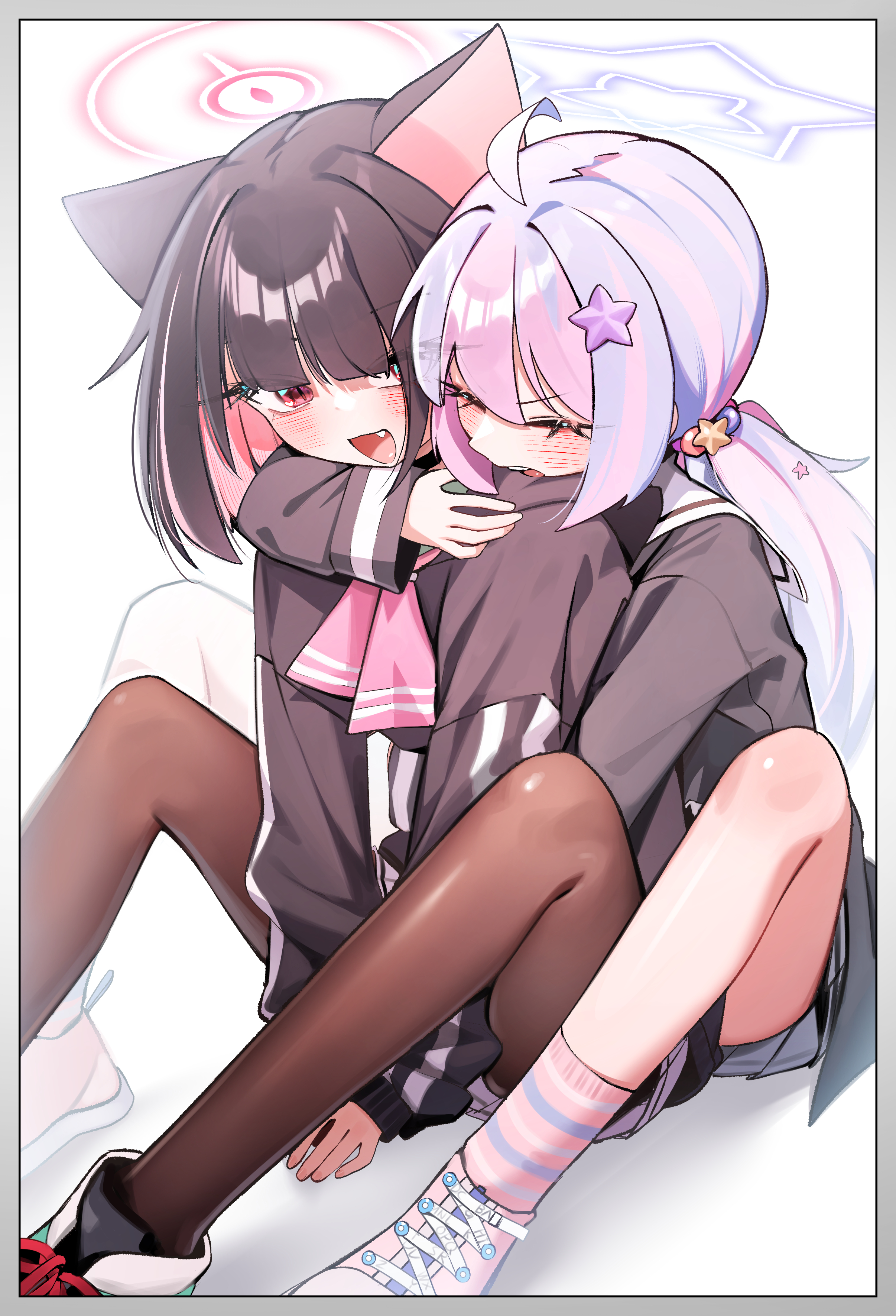 whonyang, kazusa (blue archive), reisa (blue archive), blue archive, absurdres, commentary request, highres, 2girls, ahoge, animal ears, black hair, black jacket, blue hair, blush, brown pantyhose, cat ears, closed eyes, colored inner hair, fang, hair ornament, halo, jacket, knees up, long hair, long sleeves, multicolored hair, multiple girls, open mouth, panties, pantyhose, pink hair, pink halo, red eyes, sitting, smile, socks, star (symbol), star hair ornament, star halo, striped clothes, striped socks, underwear, white panties, yuri