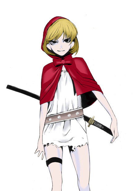 onigunsou, b.b. hood, capcom, darkstalkers, 1girl, belt, black eyes, blonde hair, empty eyes, female focus, hood, katana, legs, short hair, sleeveless, smile, solo, sword, thigh strap, torn clothes, weapon