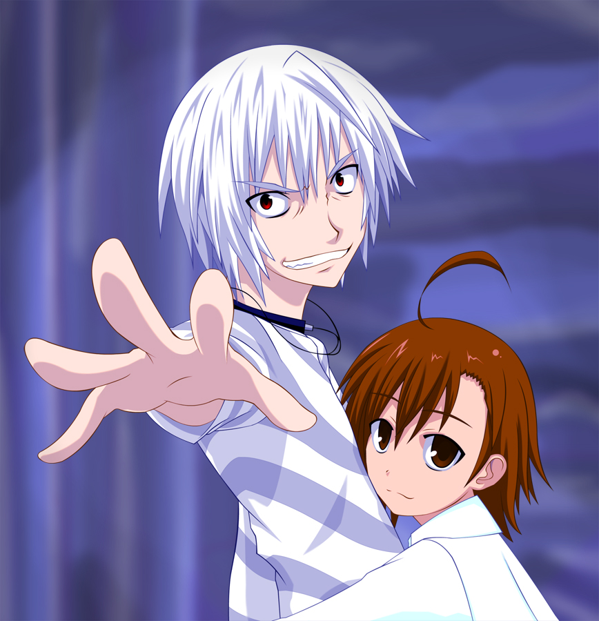 watarui, accelerator (toaru majutsu no index), last order (toaru majutsu no index), toaru majutsu no index, tagme, 00s, 1boy, 1girl, age difference, ahoge, blurry, blurry background, bokeh, brown eyes, brown hair, choker, depth of field, grin, hug, looking at viewer, outstretched arm, red eyes, smile, teeth, white hair