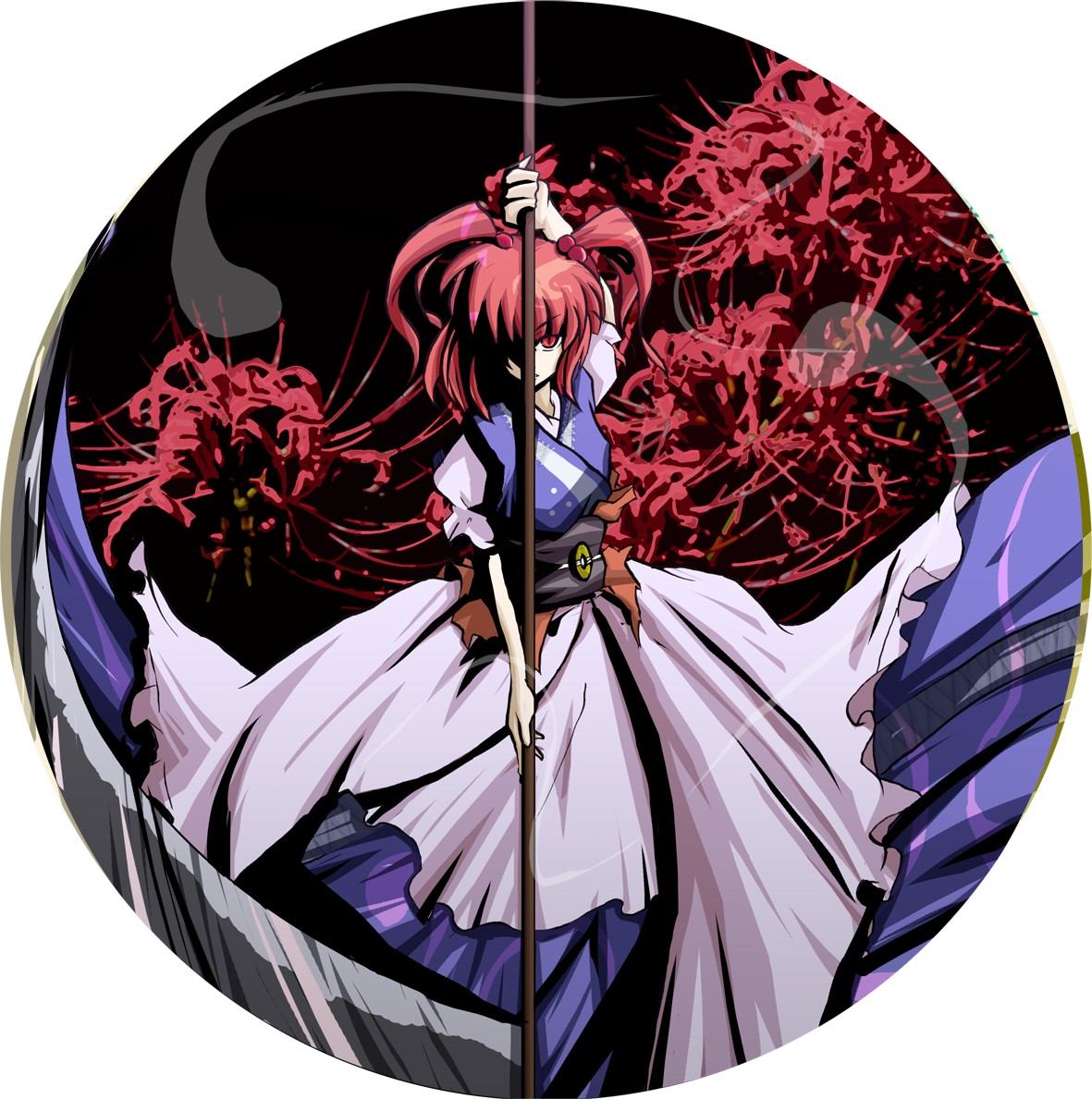 canary4, canary (artist), onozuka komachi, touhou, 1girl, circle, dress, female focus, flower, ghost, hair bobbles, hair ornament, red eyes, red flower, red hair, scythe, solo, spider lily